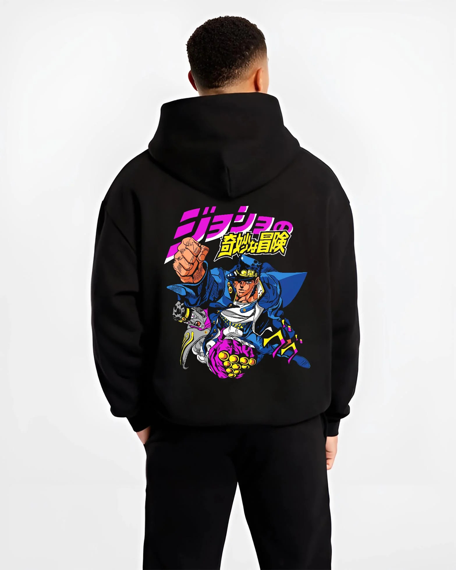 Black hoodie worn by male model, back view with Jotaro Kujo Hoodie JoJo’s Bizarre Adventure Battle Outfit graphic streetwear graphic.