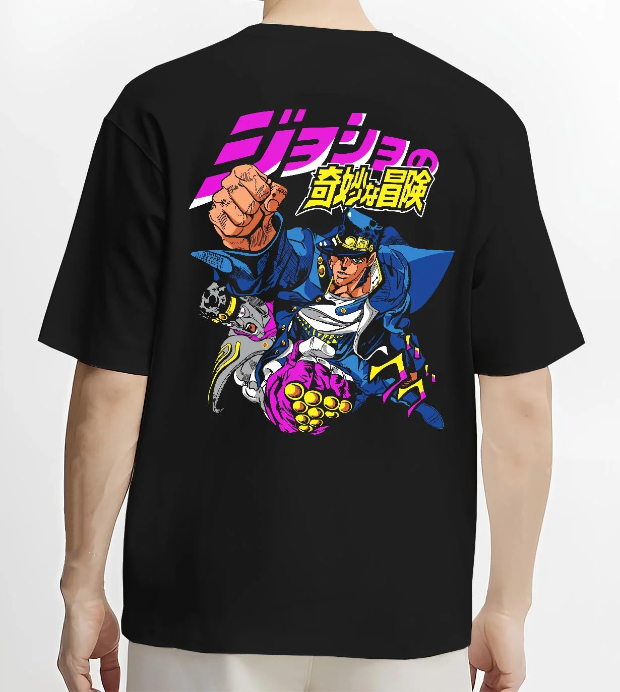 Black T-shirt worn by male model, back view with Jotaro Kujo Hoodie JoJo’s Bizarre Adventure Battle Outfit graphic premium wear.
