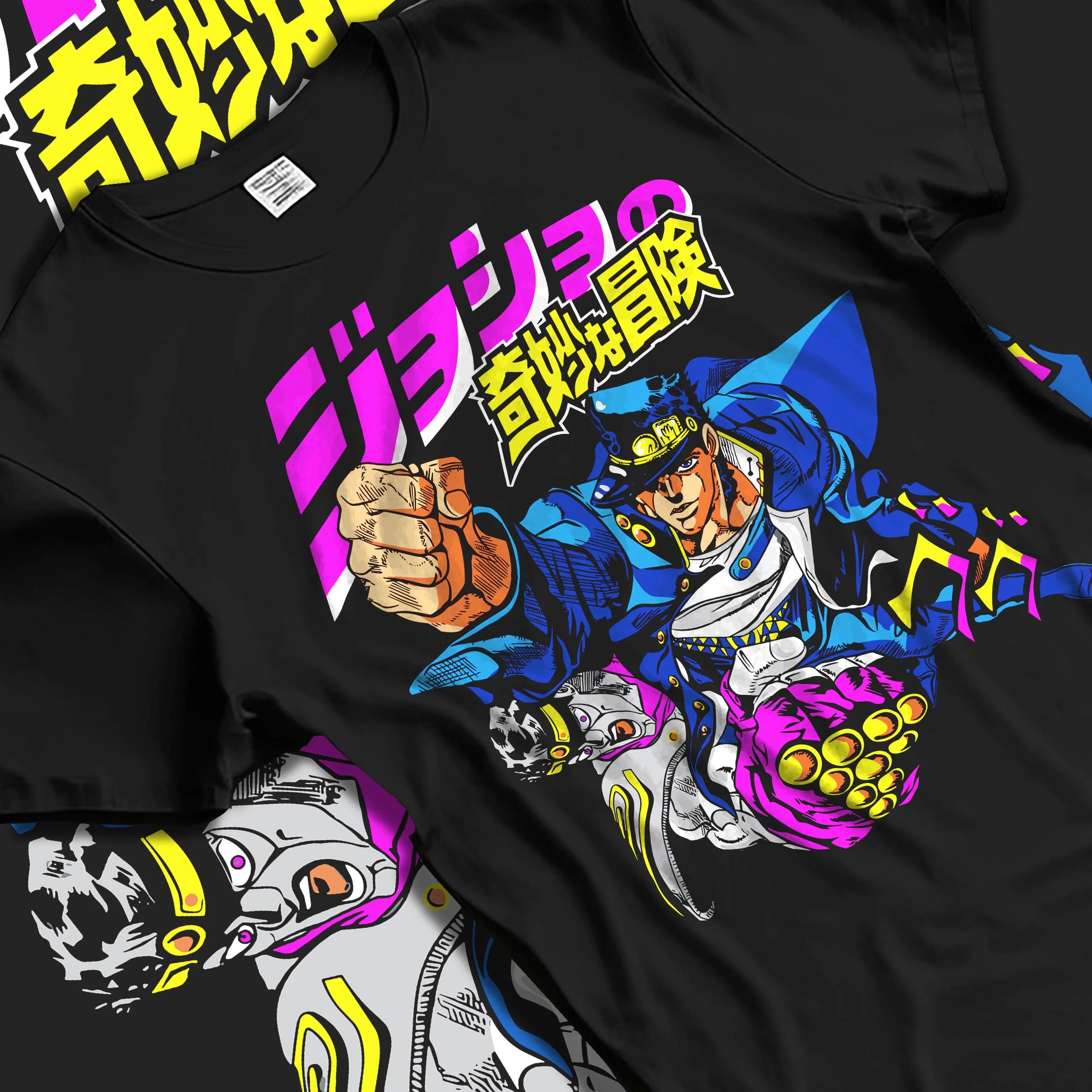 Black T-shirt laid flat with natural folds with Jotaro Kujo Hoodie JoJo’s Bizarre Adventure Battle Outfit graphic bold anime graphic.