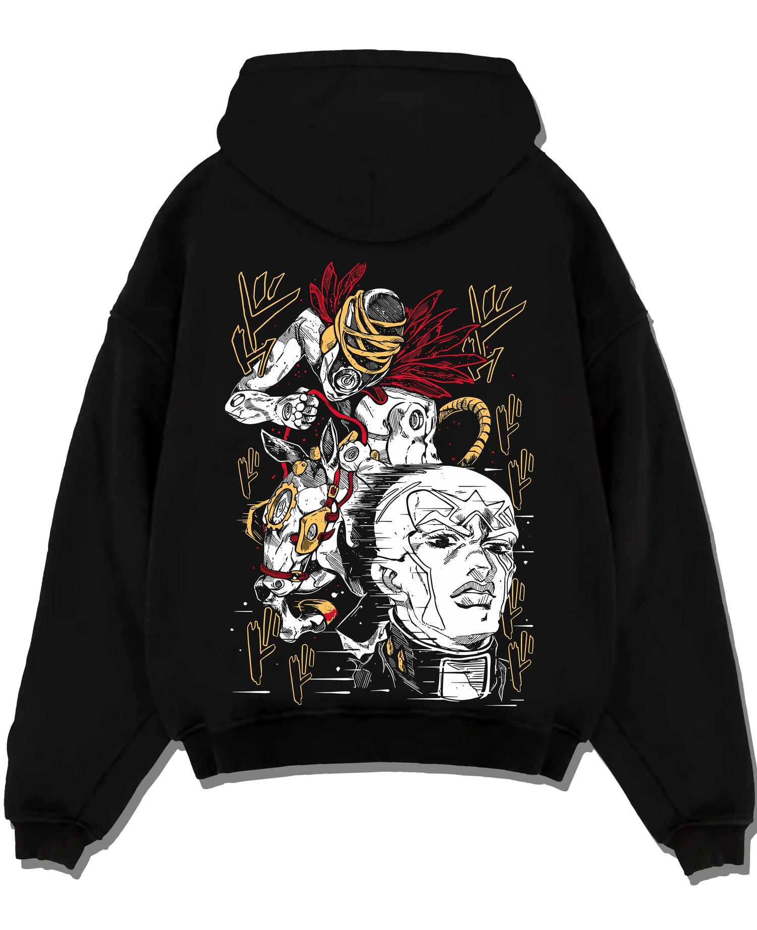 Black pullover hoodie laid flat with Stardust Crusaders Hoodie JoJo’s Bizarre Adventure Villains graphic premium wear.