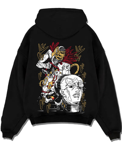 Black pullover hoodie laid flat with Stardust Crusaders Hoodie JoJo’s Bizarre Adventure Villains graphic premium wear.