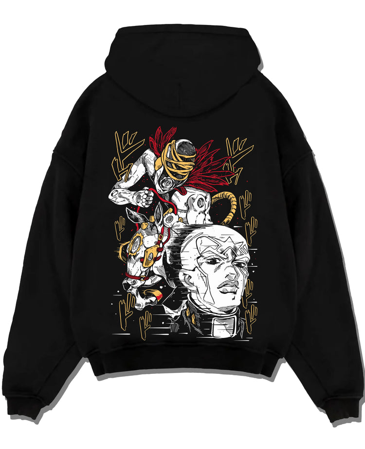 Black pullover hoodie laid flat with Stardust Crusaders Hoodie JoJo’s Bizarre Adventure Villains graphic premium wear.