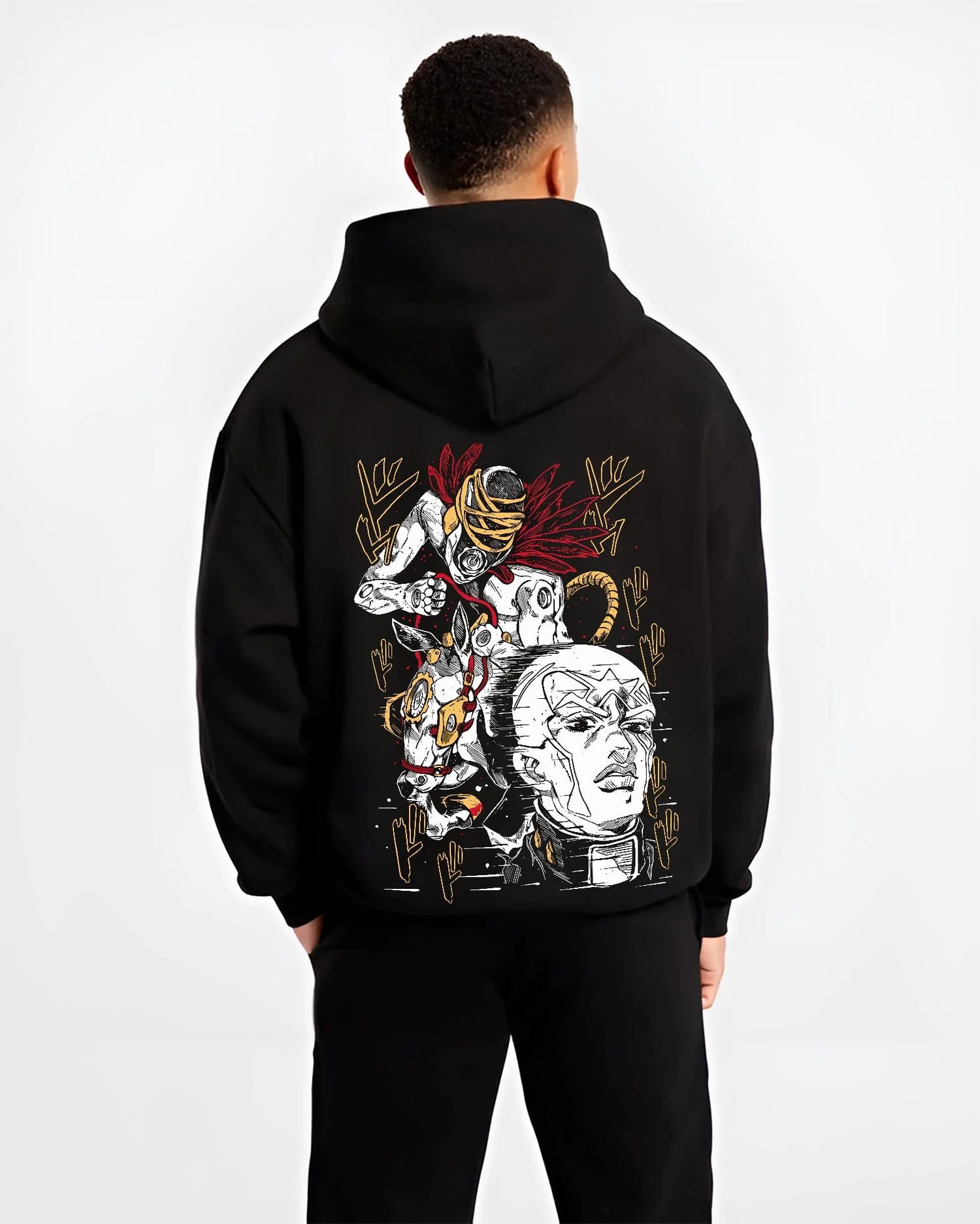 Black hoodie worn by male model, back view with Stardust Crusaders Hoodie JoJo’s Bizarre Adventure Villains graphic streetwear graphic.