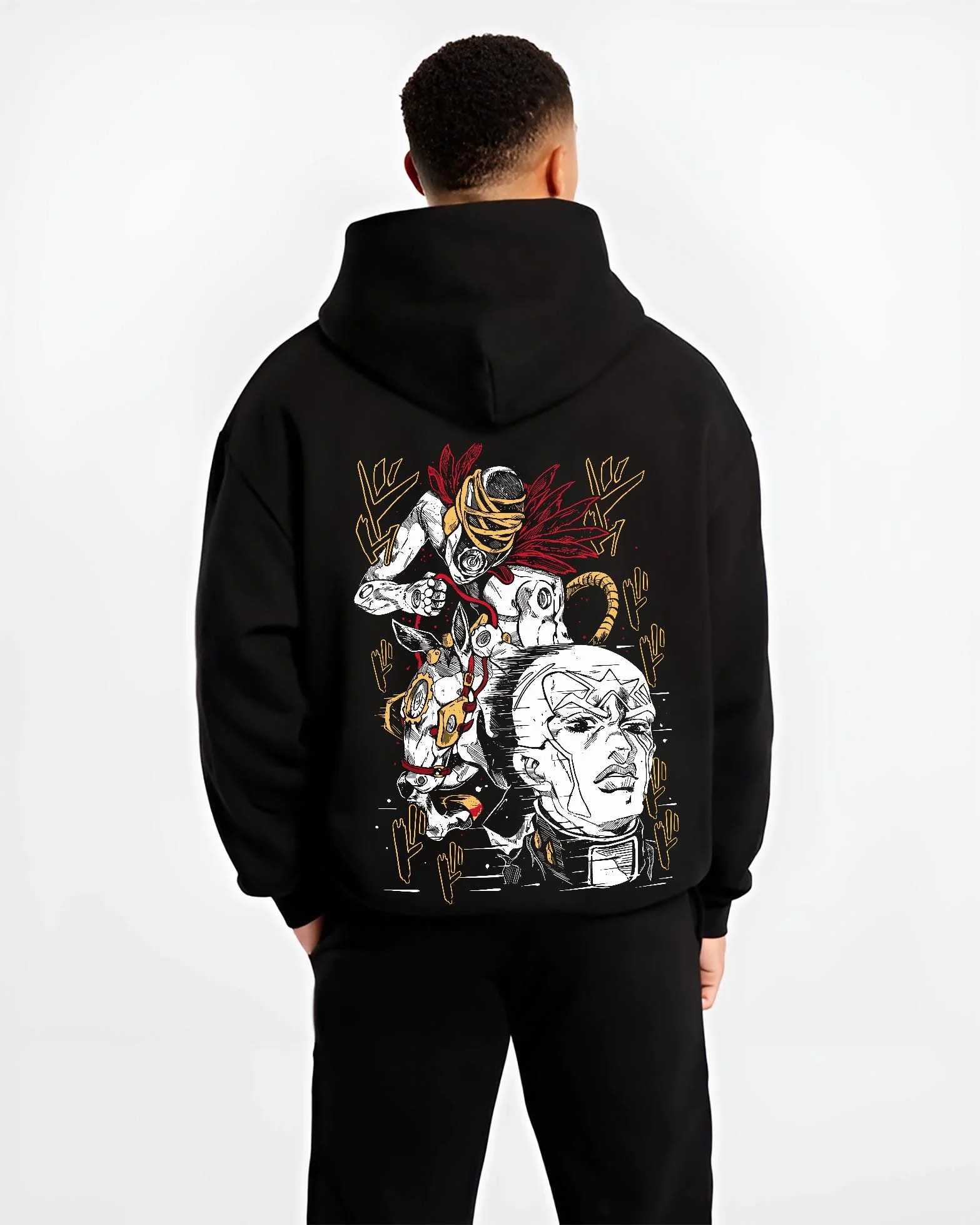Black hoodie worn by male model, back view with Stardust Crusaders Hoodie JoJo’s Bizarre Adventure Villains graphic streetwear graphic.