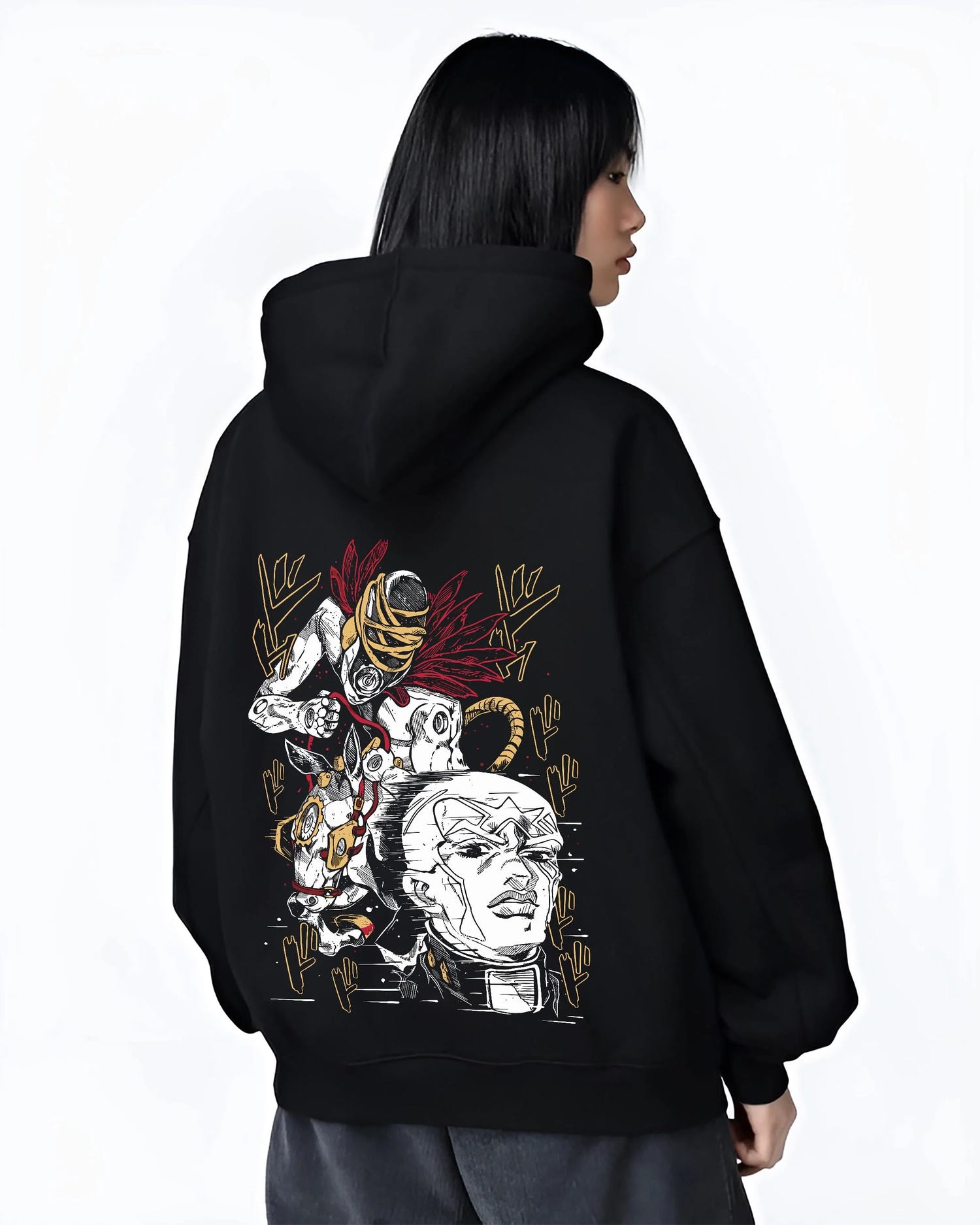 Black hoodie worn by female model, back view with Stardust Crusaders Hoodie JoJo’s Bizarre Adventure Villains graphic premium wear.