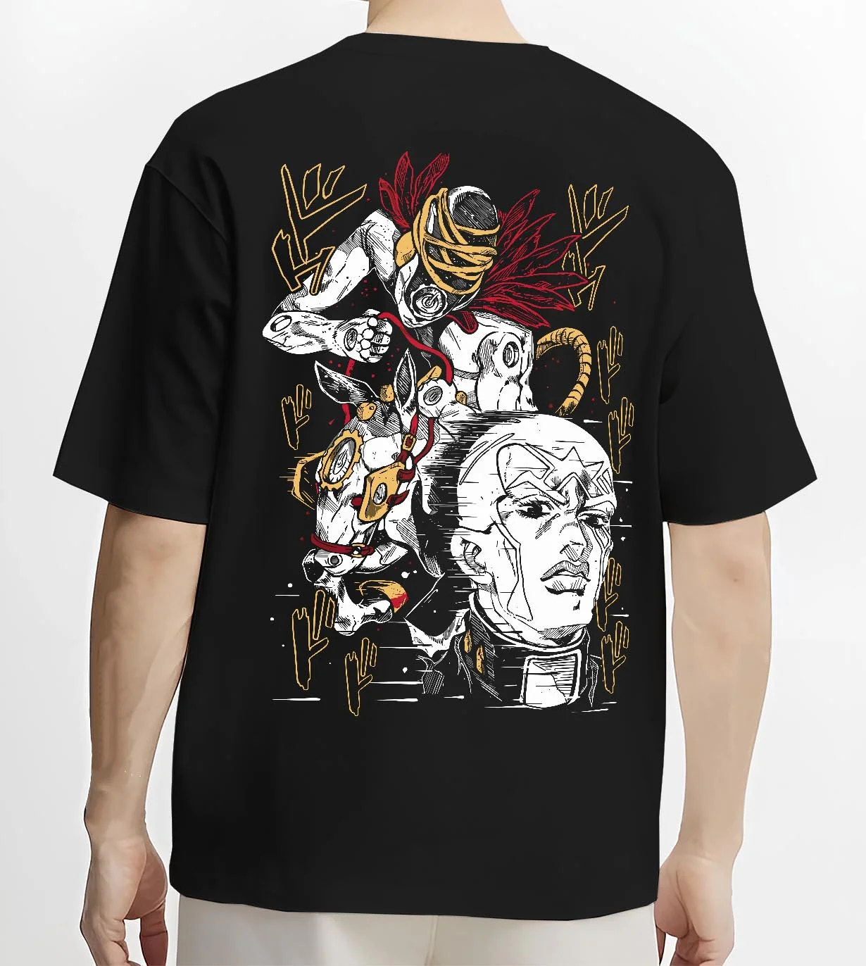 Black T-shirt worn by male model, back view with Stardust Crusaders Hoodie JoJo’s Bizarre Adventure Villains graphic premium wear.