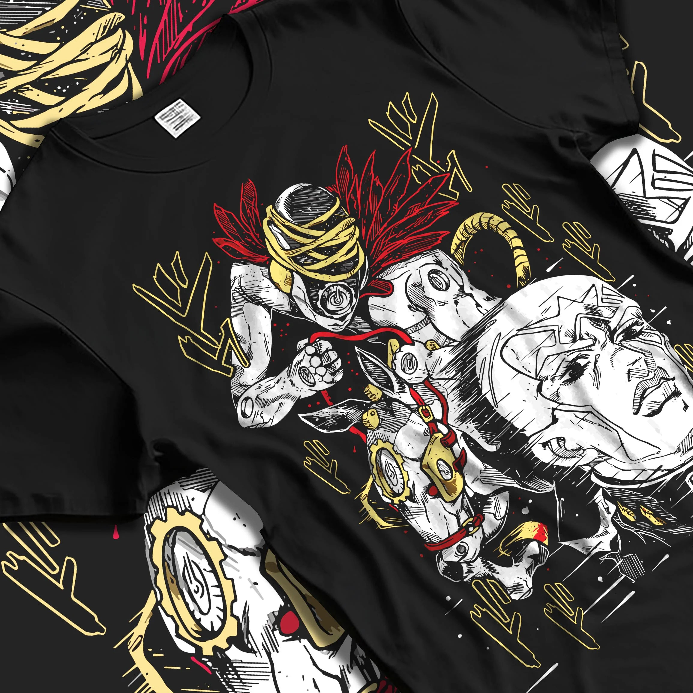 Black T-shirt laid flat with natural folds with Stardust Crusaders Hoodie JoJo’s Bizarre Adventure Villains graphic streetwear graphic.