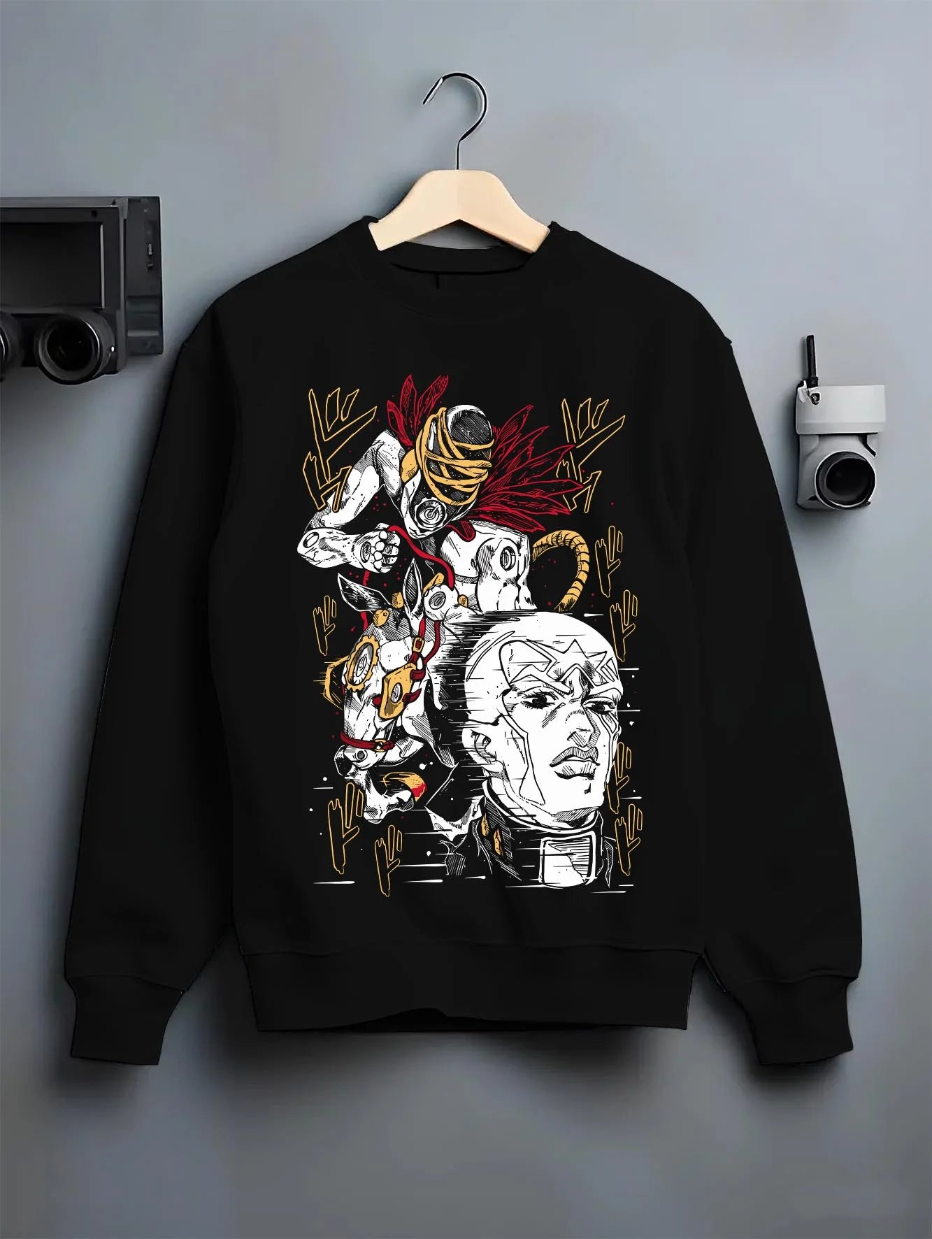 Black crewneck sweatshirt on hanger with Stardust Crusaders Hoodie JoJo’s Bizarre Adventure Villains graphic premium wear.