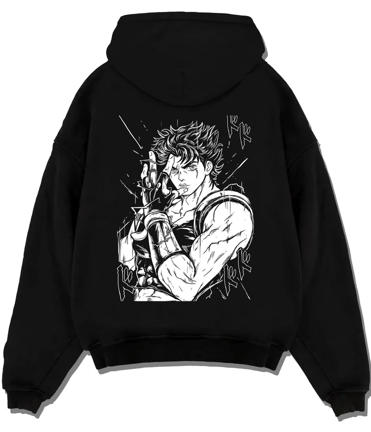 Black hoodie flat back view showing JoJo character from JoJo’s Bizarre Adventure: boxing/fighting design (specific character