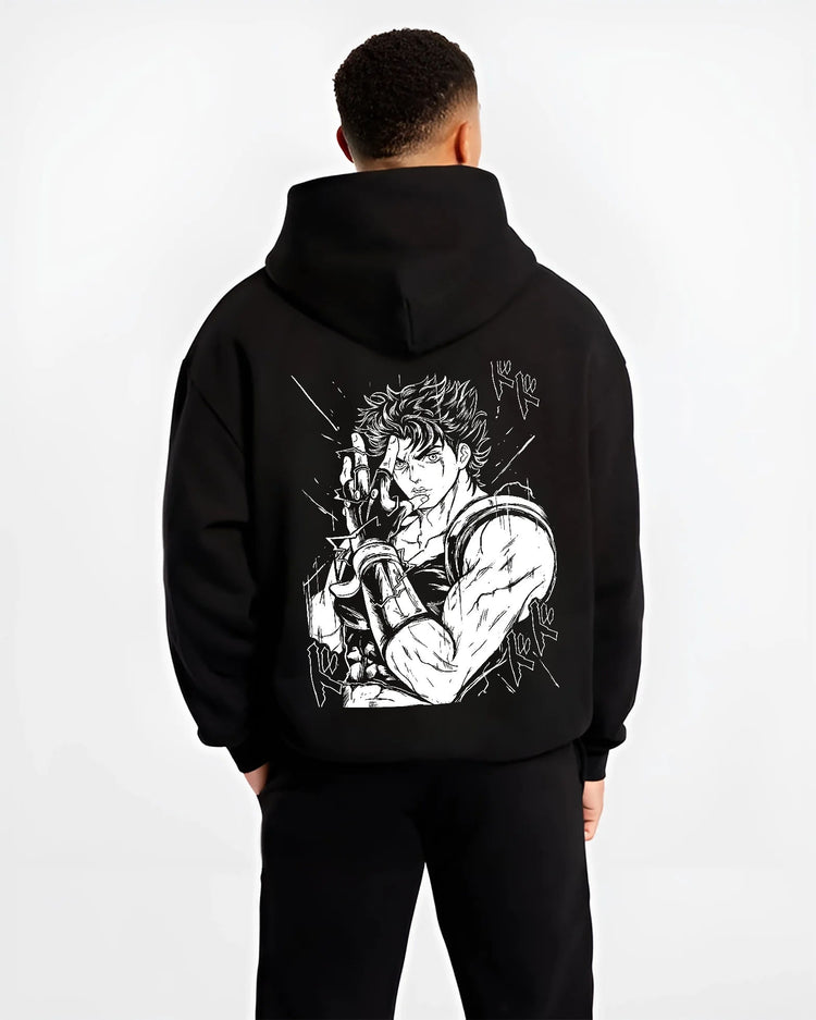 Black hoodie model back view showing JoJo character from JoJo’s Bizarre Adventure: boxing/fighting design (specific character