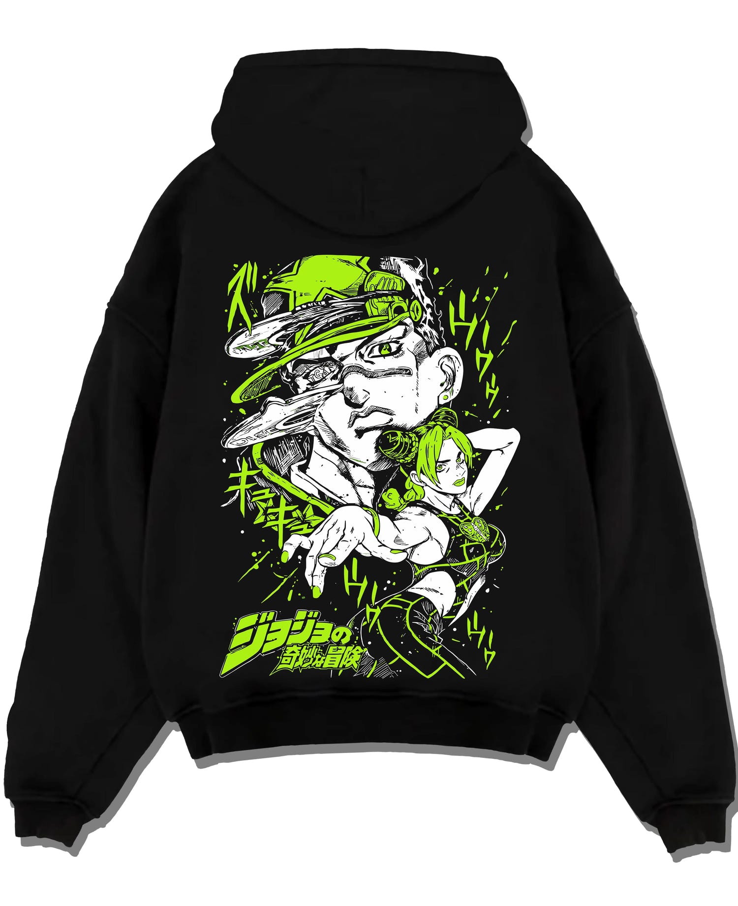 Black pullover hoodie laid flat with Jolyne Cujoh Hoodie JoJo’s Bizarre Adventure Green Dolphin graphic streetwear graphic.