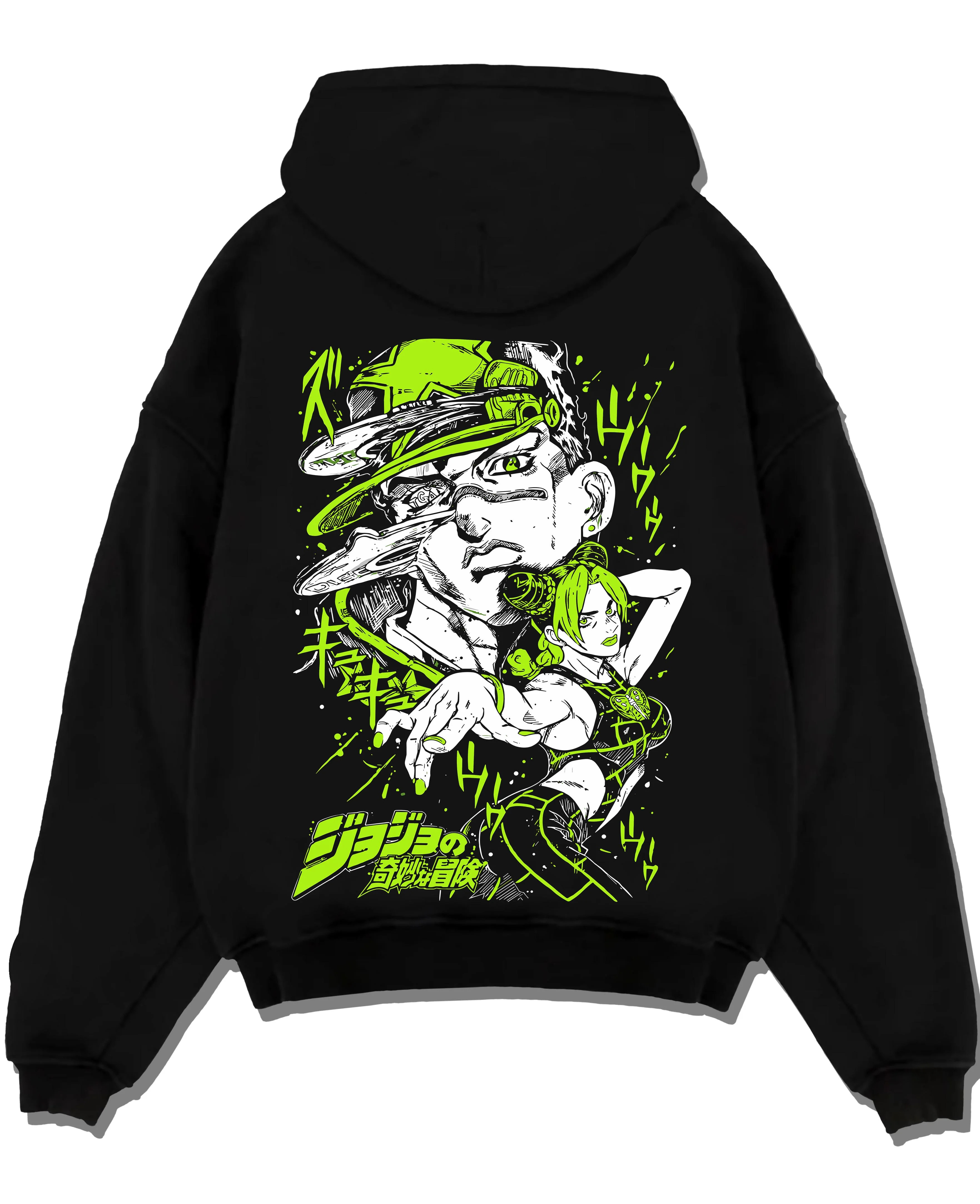 Black pullover hoodie laid flat with Jolyne Cujoh Hoodie JoJo’s Bizarre Adventure Green Dolphin graphic streetwear graphic.