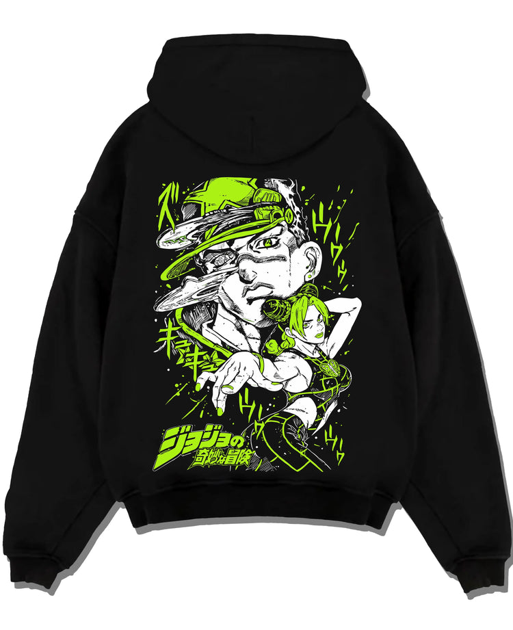 Black pullover hoodie laid flat with Jolyne Cujoh Hoodie JoJo’s Bizarre Adventure Green Dolphin graphic streetwear graphic.