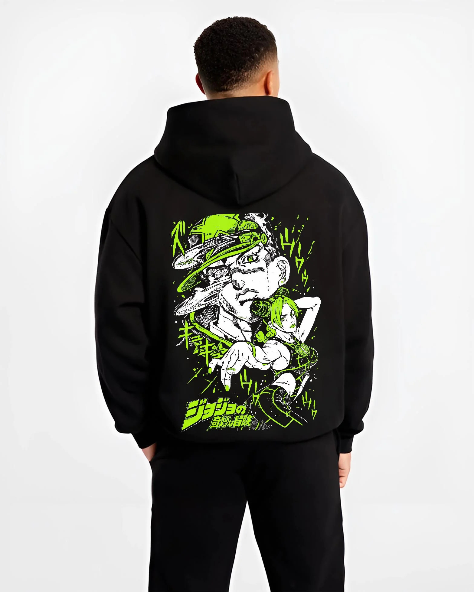 Black hoodie worn by male model, back view with Jolyne Cujoh Hoodie JoJo’s Bizarre Adventure Green Dolphin graphic bold anime graphic.