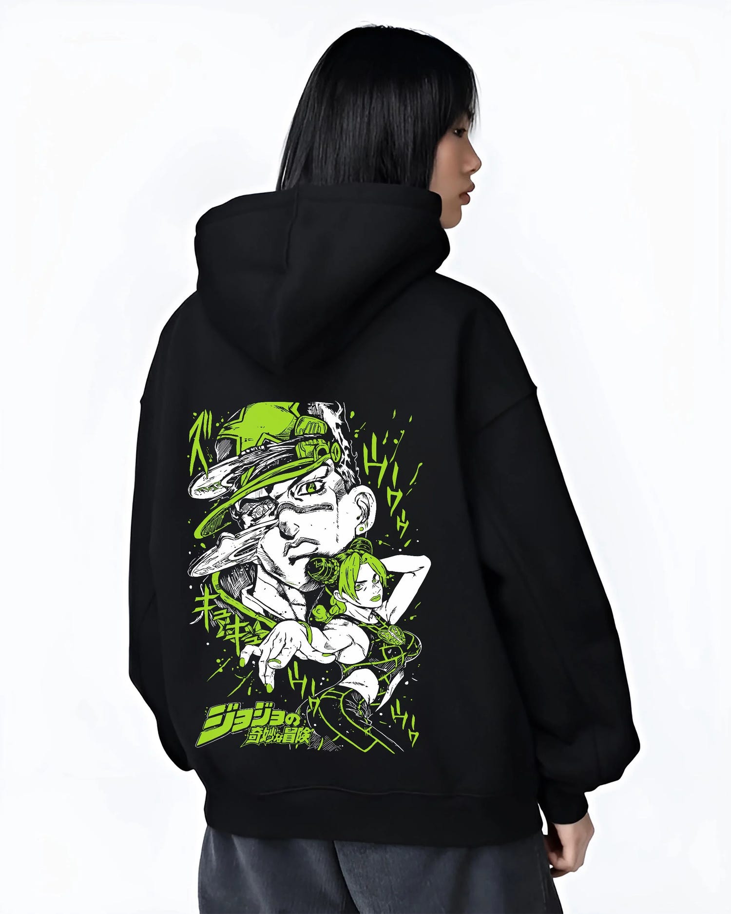 Black hoodie worn by female model, back view with Jolyne Cujoh Hoodie JoJo’s Bizarre Adventure Green Dolphin graphic streetwear graphic.