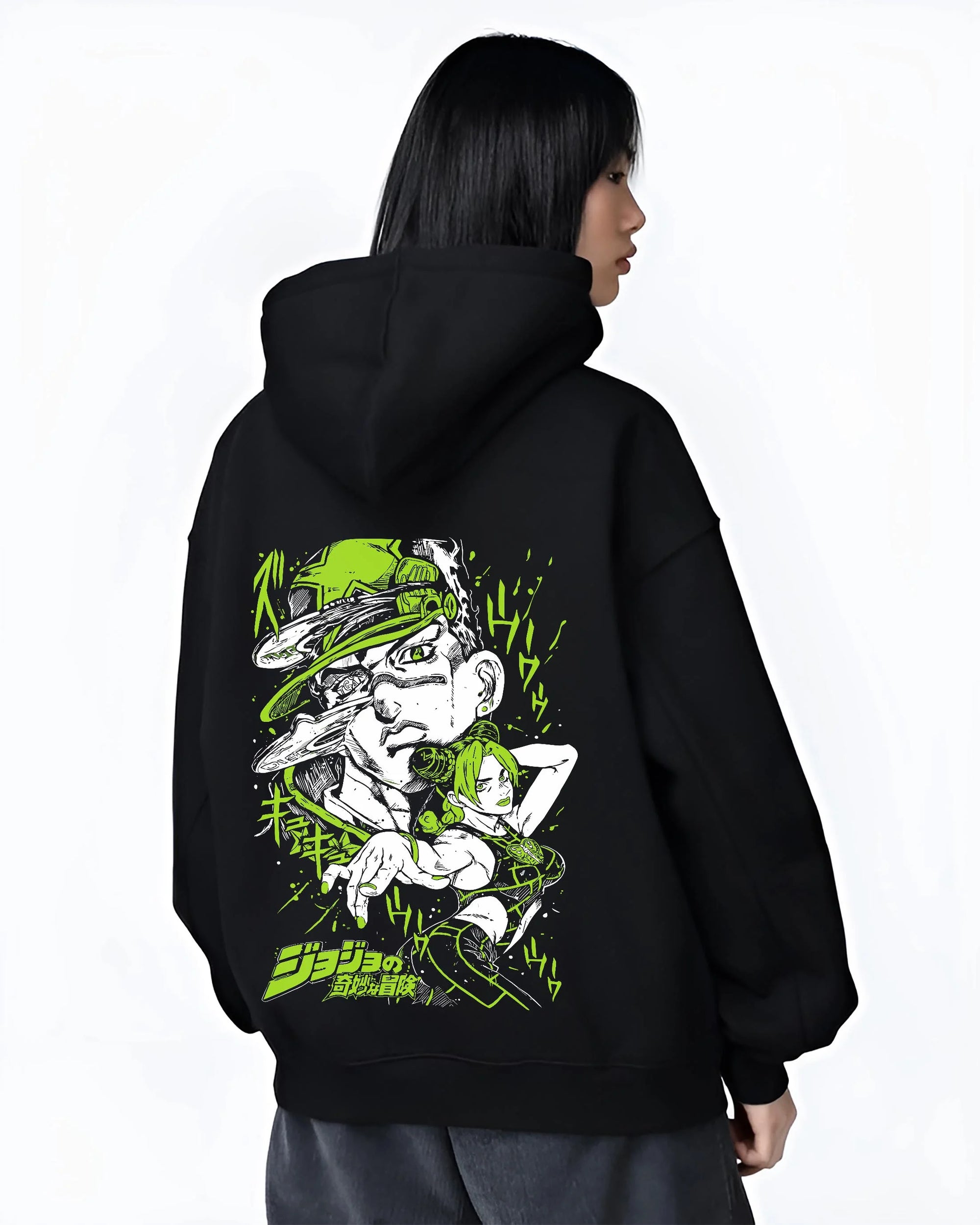 Black hoodie worn by female model, back view with Jolyne Cujoh Hoodie JoJo’s Bizarre Adventure Green Dolphin graphic streetwear graphic.