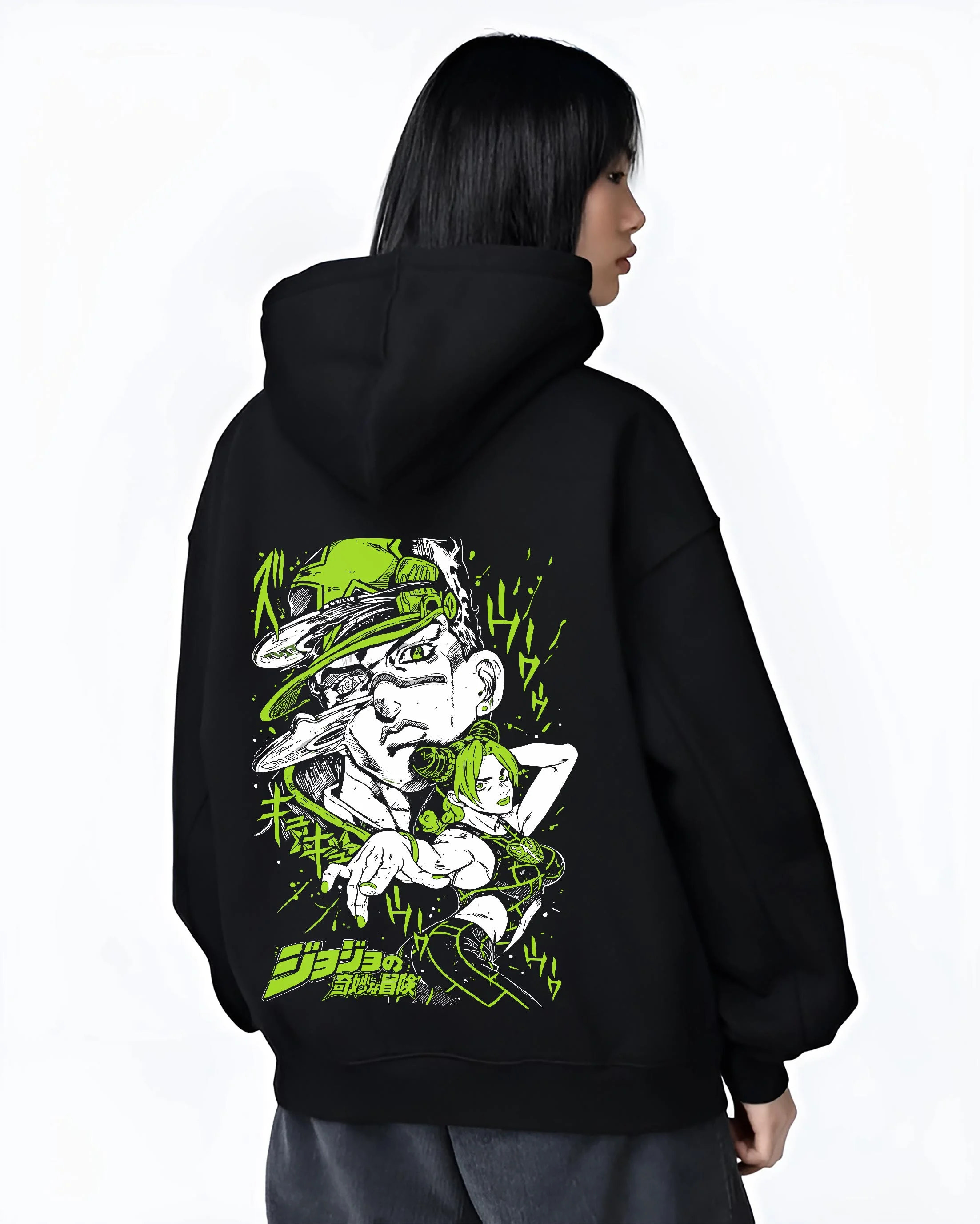 Black hoodie worn by female model, back view with Jolyne Cujoh Hoodie JoJo’s Bizarre Adventure Green Dolphin graphic streetwear graphic.