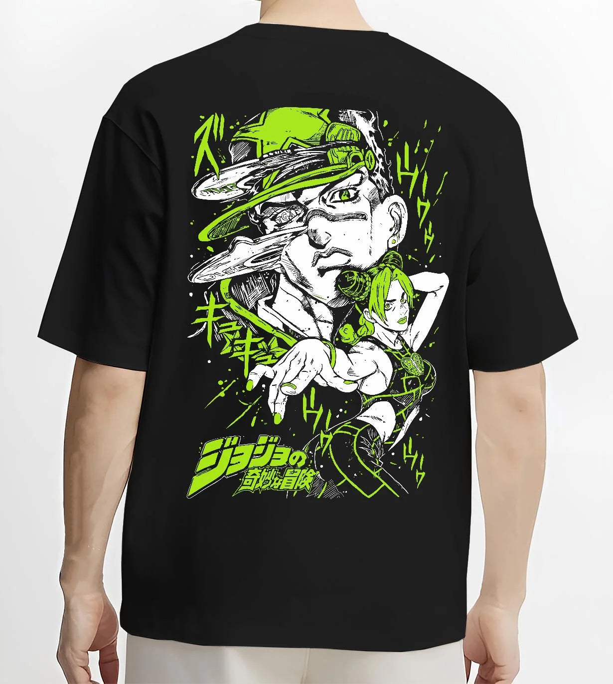 Black T-shirt worn by male model, back view with Jolyne Cujoh Hoodie JoJo’s Bizarre Adventure Green Dolphin graphic premium wear.