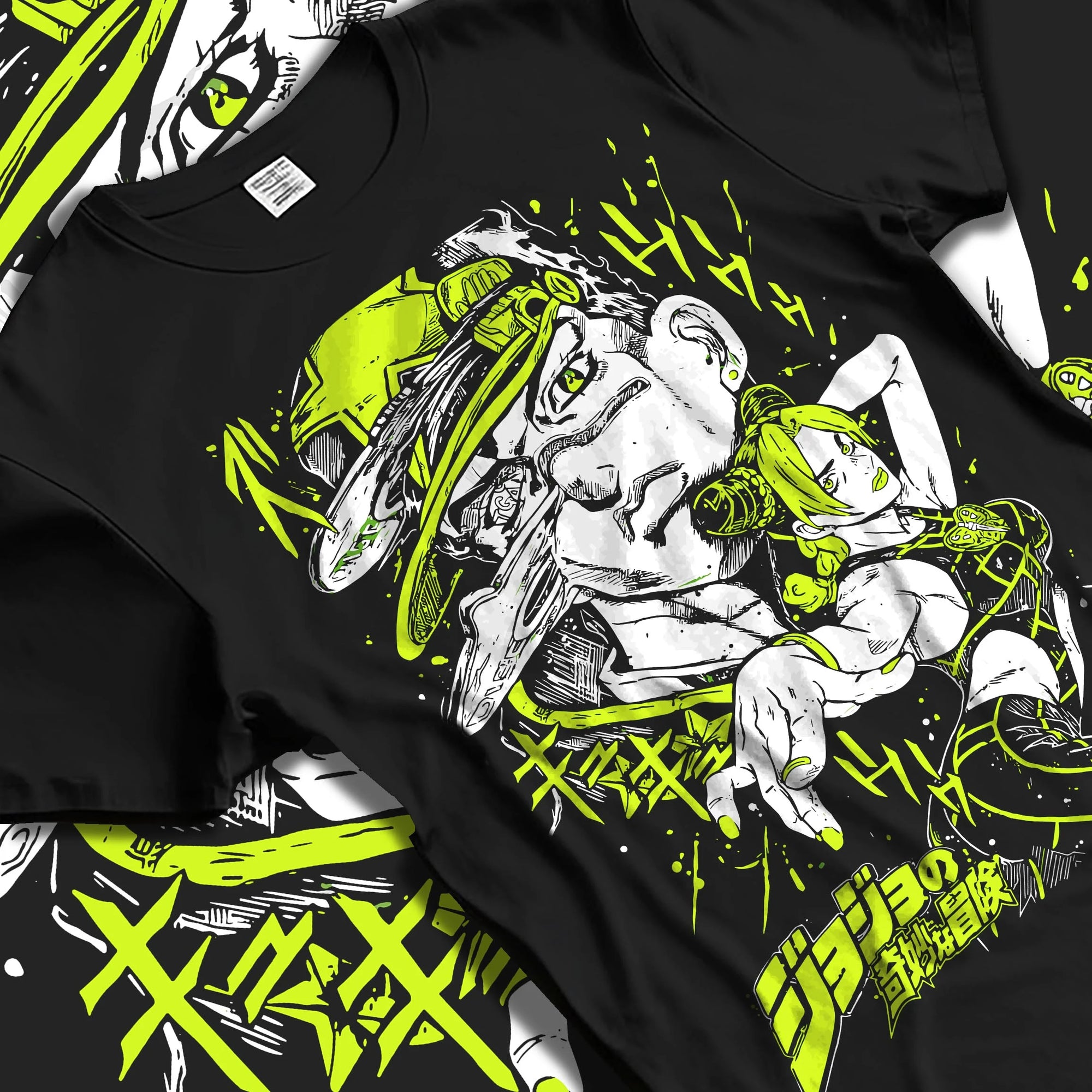 Black T-shirt laid flat with natural folds with Jolyne Cujoh Hoodie JoJo’s Bizarre Adventure Green Dolphin graphic streetwear graphic.