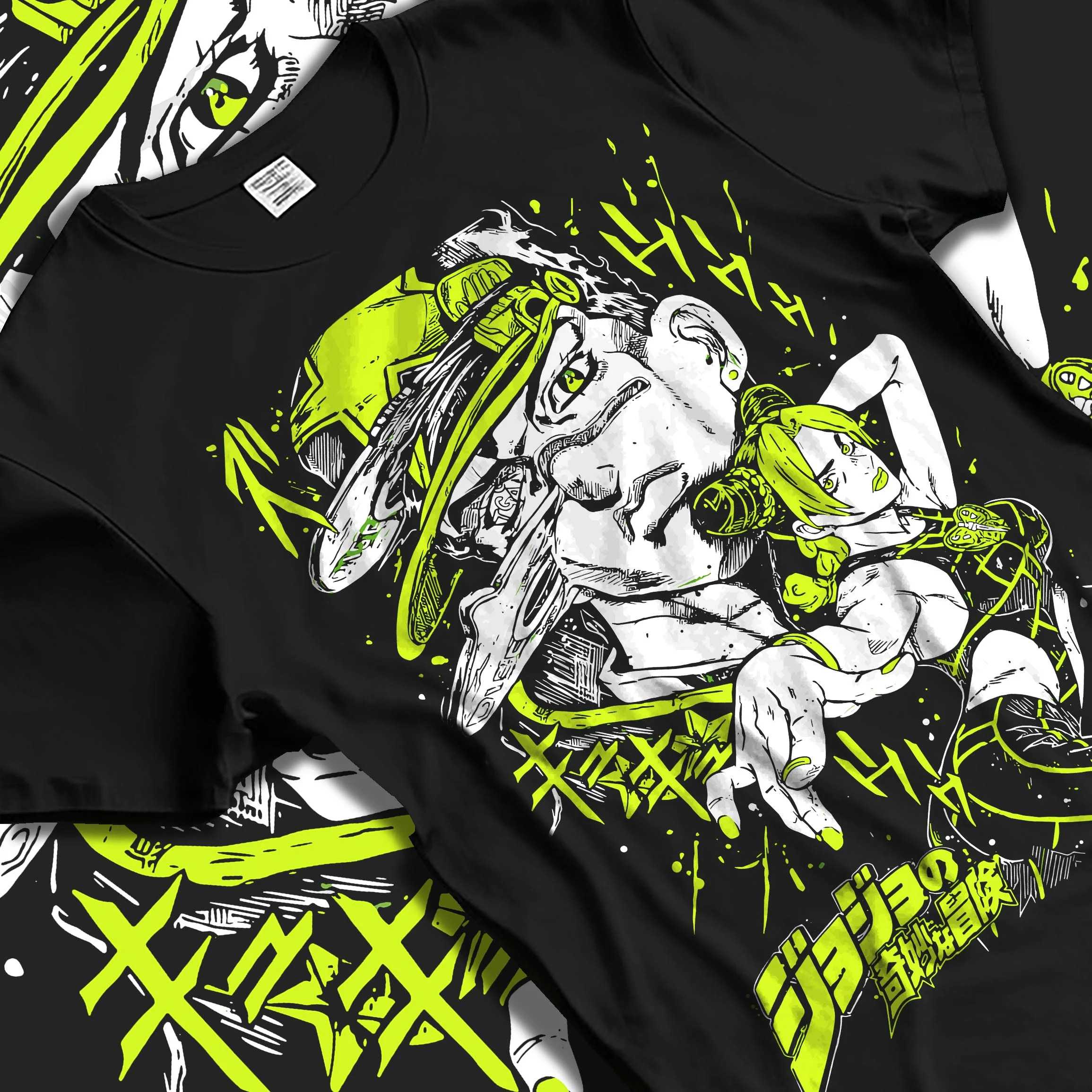 Black T-shirt laid flat with natural folds with Jolyne Cujoh Hoodie JoJo’s Bizarre Adventure Green Dolphin graphic streetwear graphic.