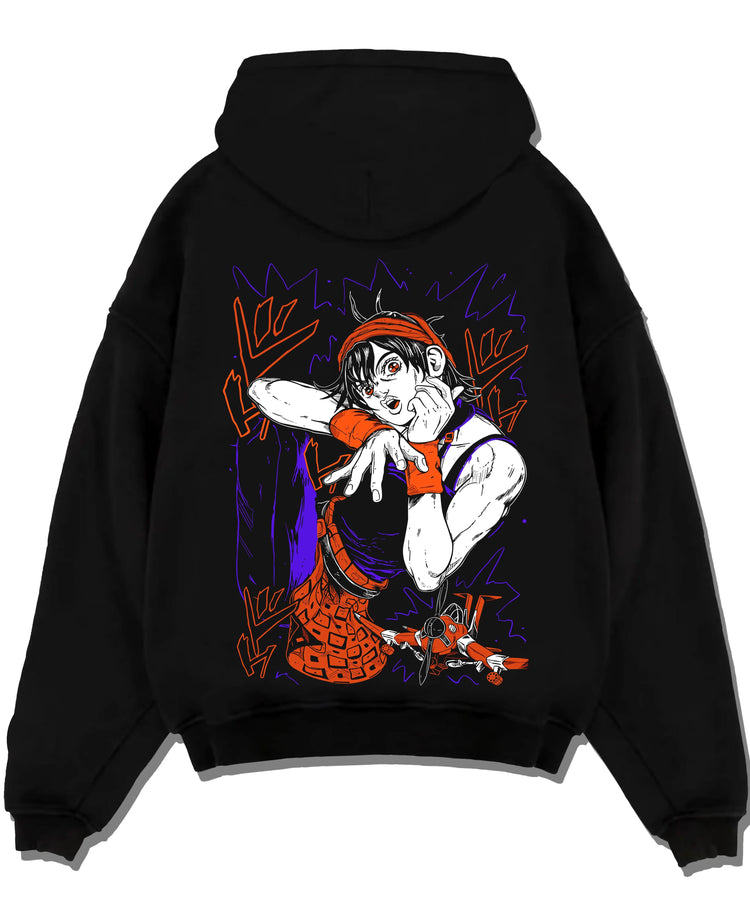 Black pullover hoodie laid flat with Guido Mista Hoodie JoJo’s Bizarre Adventure Stand Bullet graphic streetwear graphic.