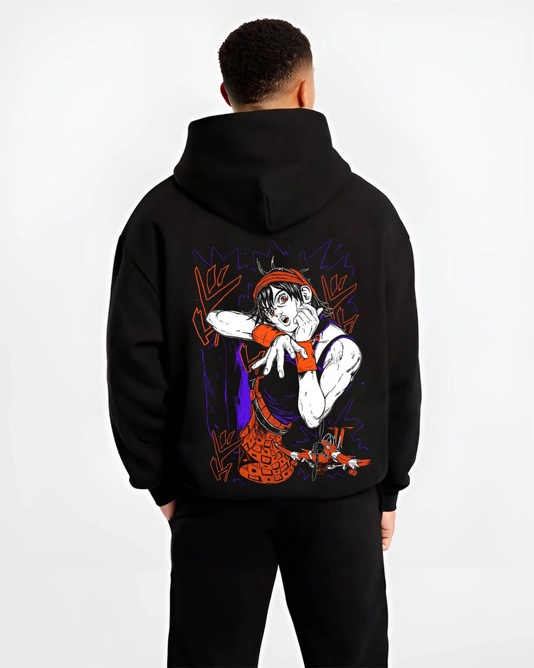 Black hoodie worn by male model, back view with Guido Mista Hoodie JoJo’s Bizarre Adventure Stand Bullet graphic premium wear.