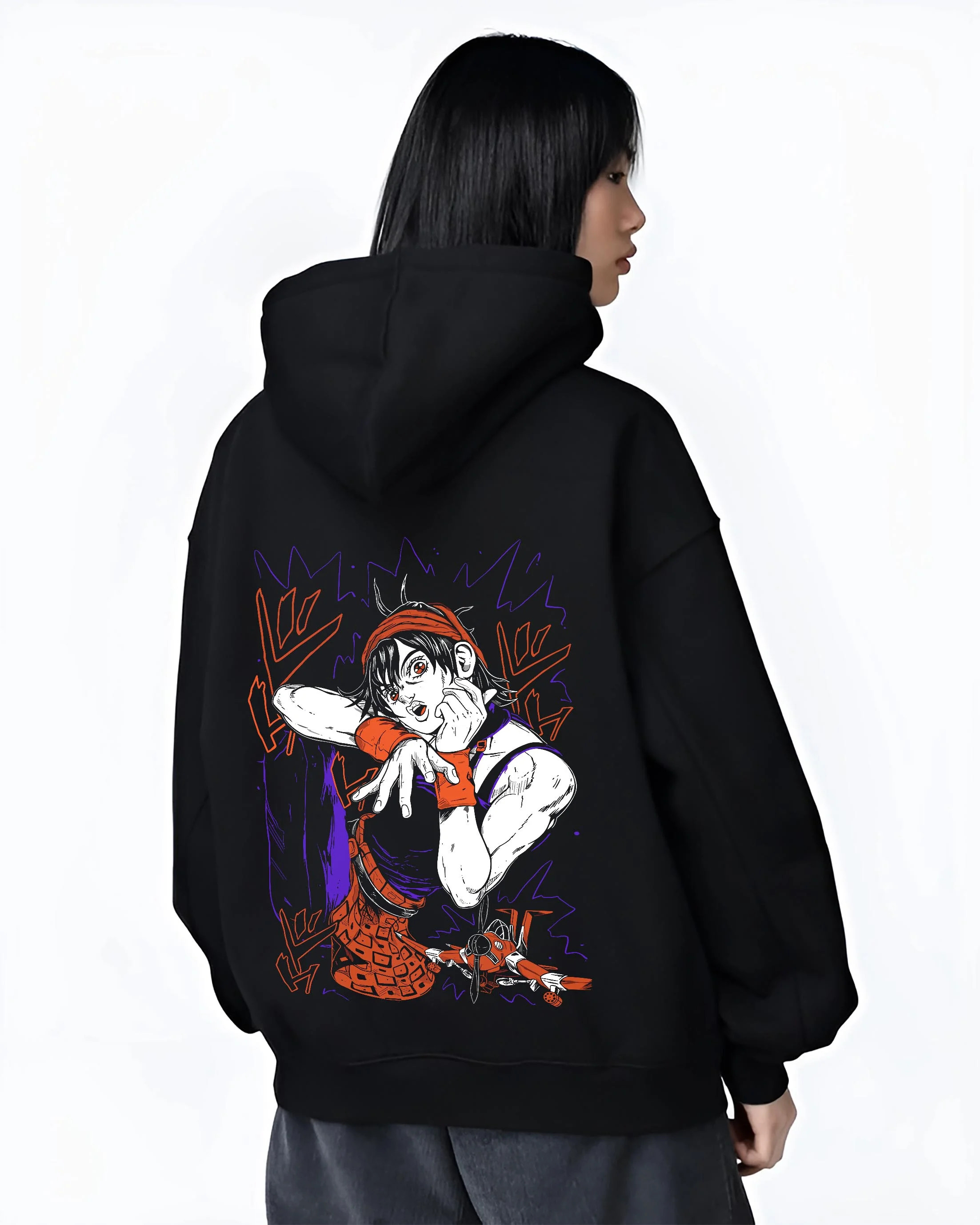 Black hoodie worn by female model, back view with Guido Mista Hoodie JoJo’s Bizarre Adventure Stand Bullet graphic premium wear.