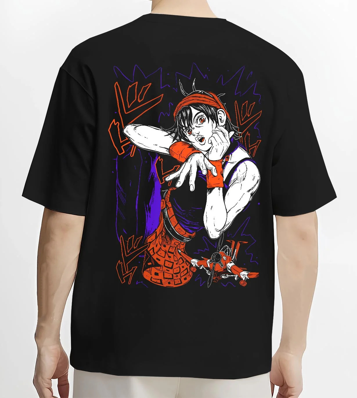 Black T-shirt worn by male model, back view with Guido Mista Hoodie JoJo’s Bizarre Adventure Stand Bullet graphic bold anime graphic.