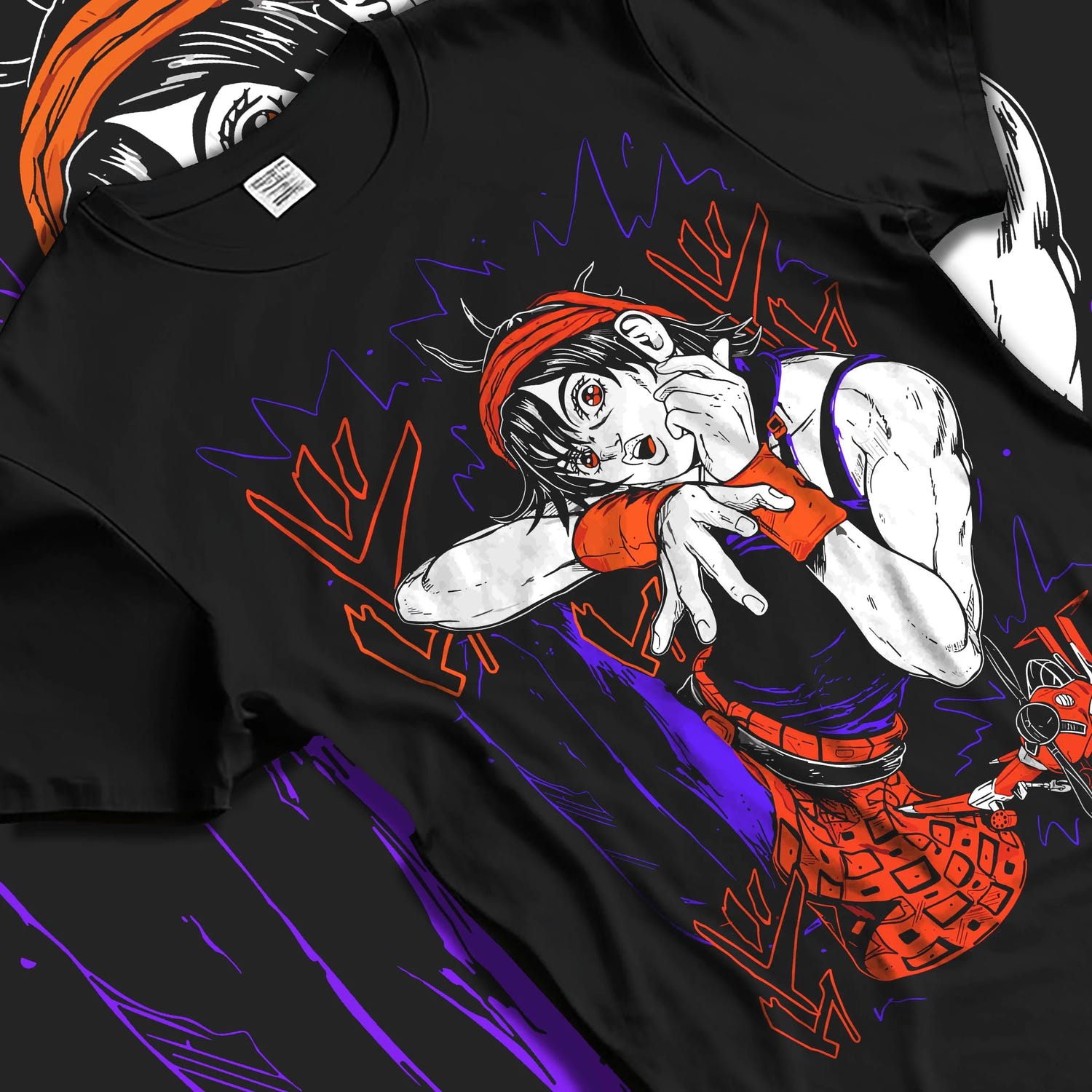 Black T-shirt laid flat with natural folds with Guido Mista Hoodie JoJo’s Bizarre Adventure Stand Bullet graphic premium wear.