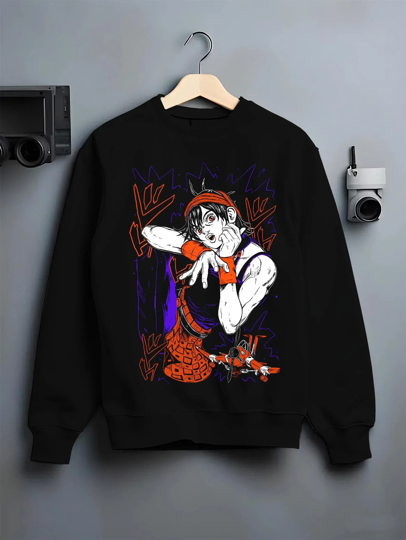 Black crewneck sweatshirt on hanger with Guido Mista Hoodie JoJo’s Bizarre Adventure Stand Bullet graphic bold anime graphic.