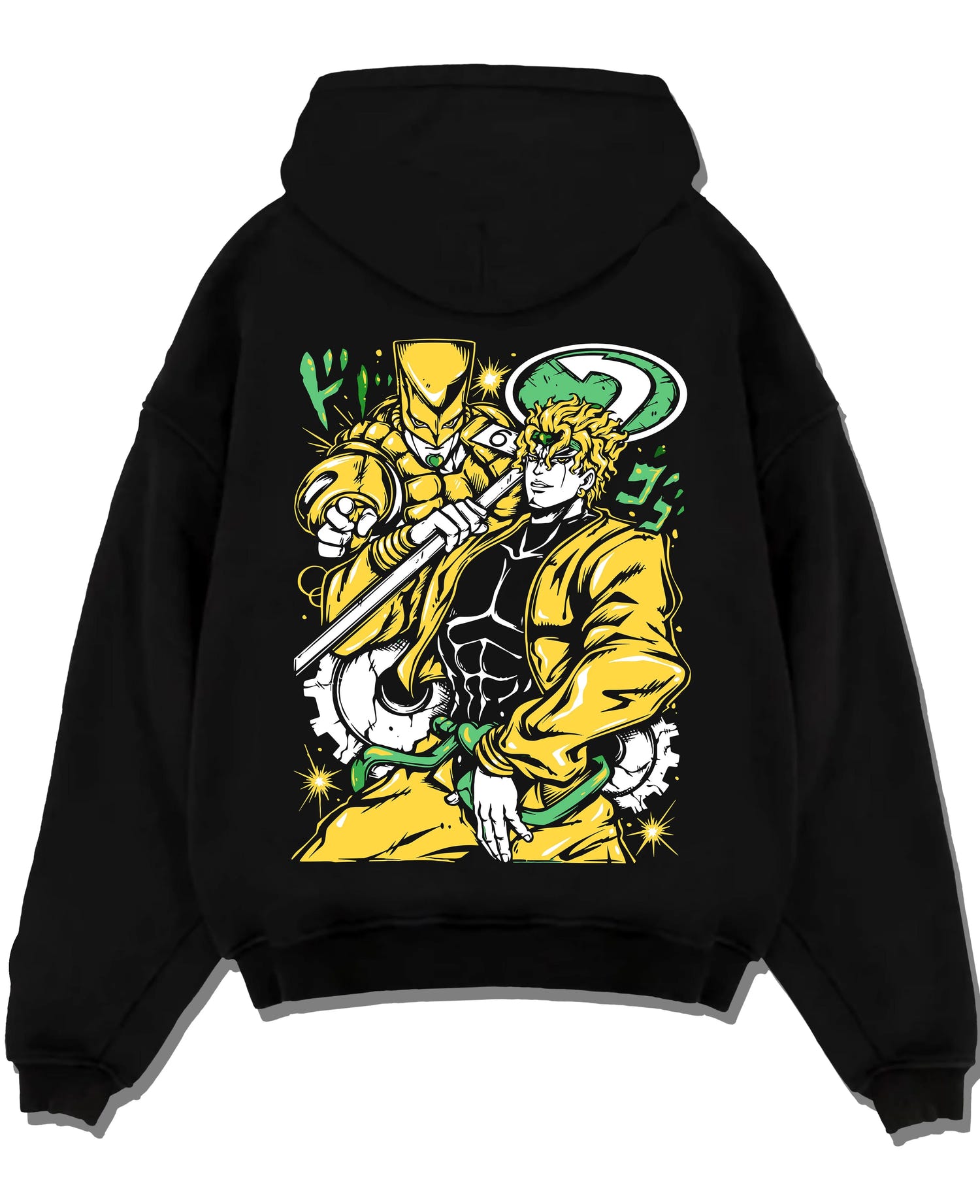 Black pullover hoodie laid flat with Dio Brando Hoodie JoJo’s Bizarre Adventure Stardust Battle graphic streetwear graphic.