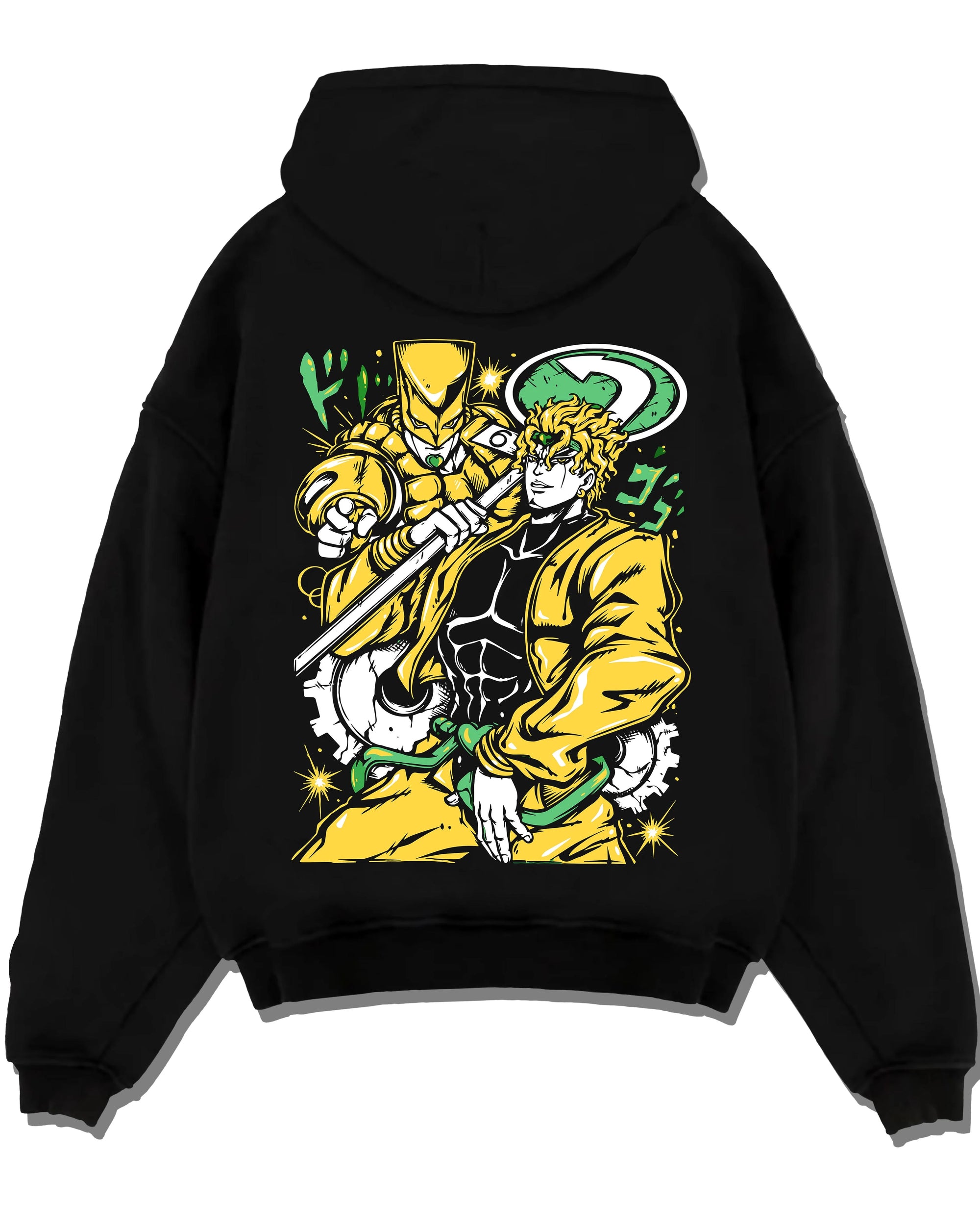 Black pullover hoodie laid flat with Dio Brando Hoodie JoJo’s Bizarre Adventure Stardust Battle graphic streetwear graphic.