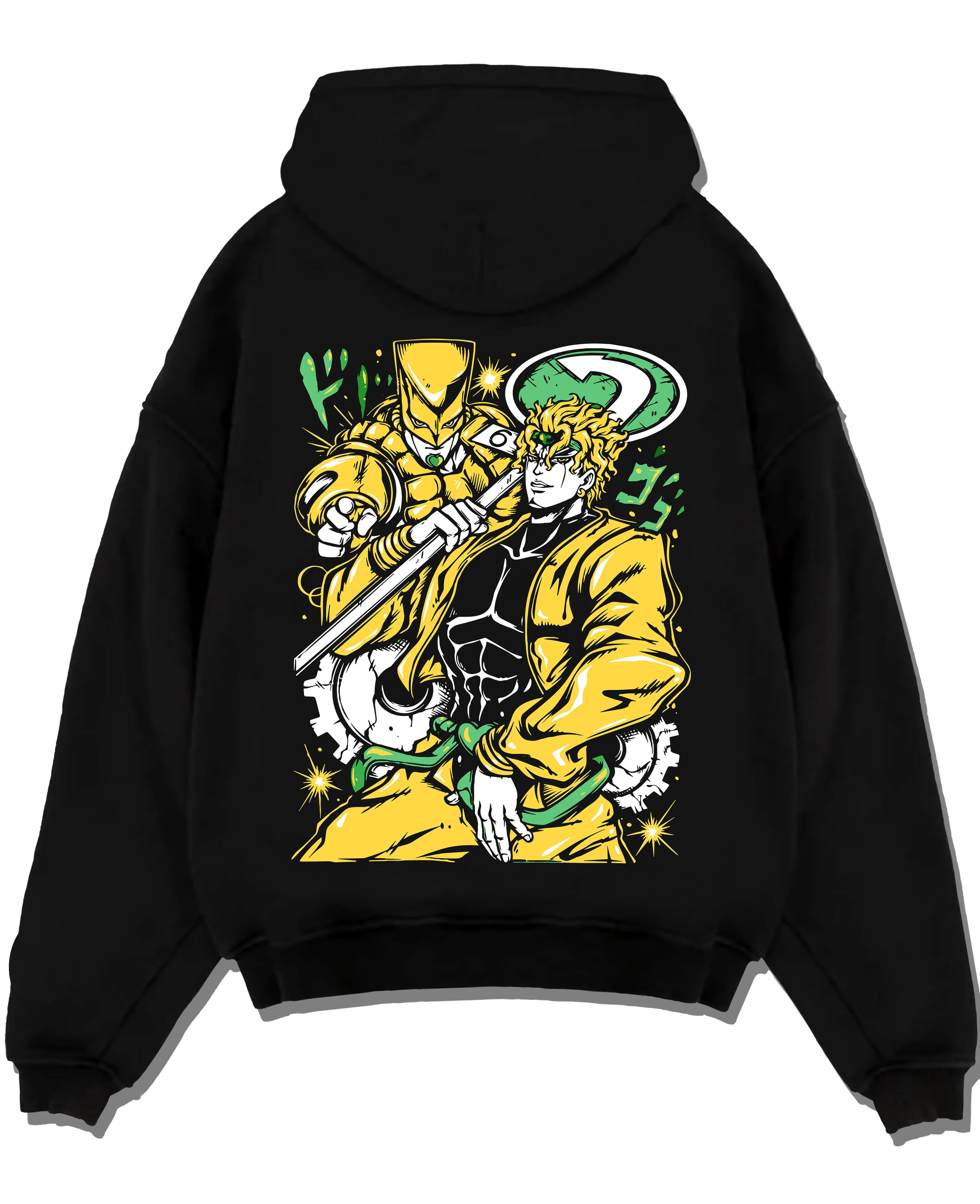 Black pullover hoodie laid flat with Dio Brando Hoodie JoJo’s Bizarre Adventure Stardust Battle graphic streetwear graphic.