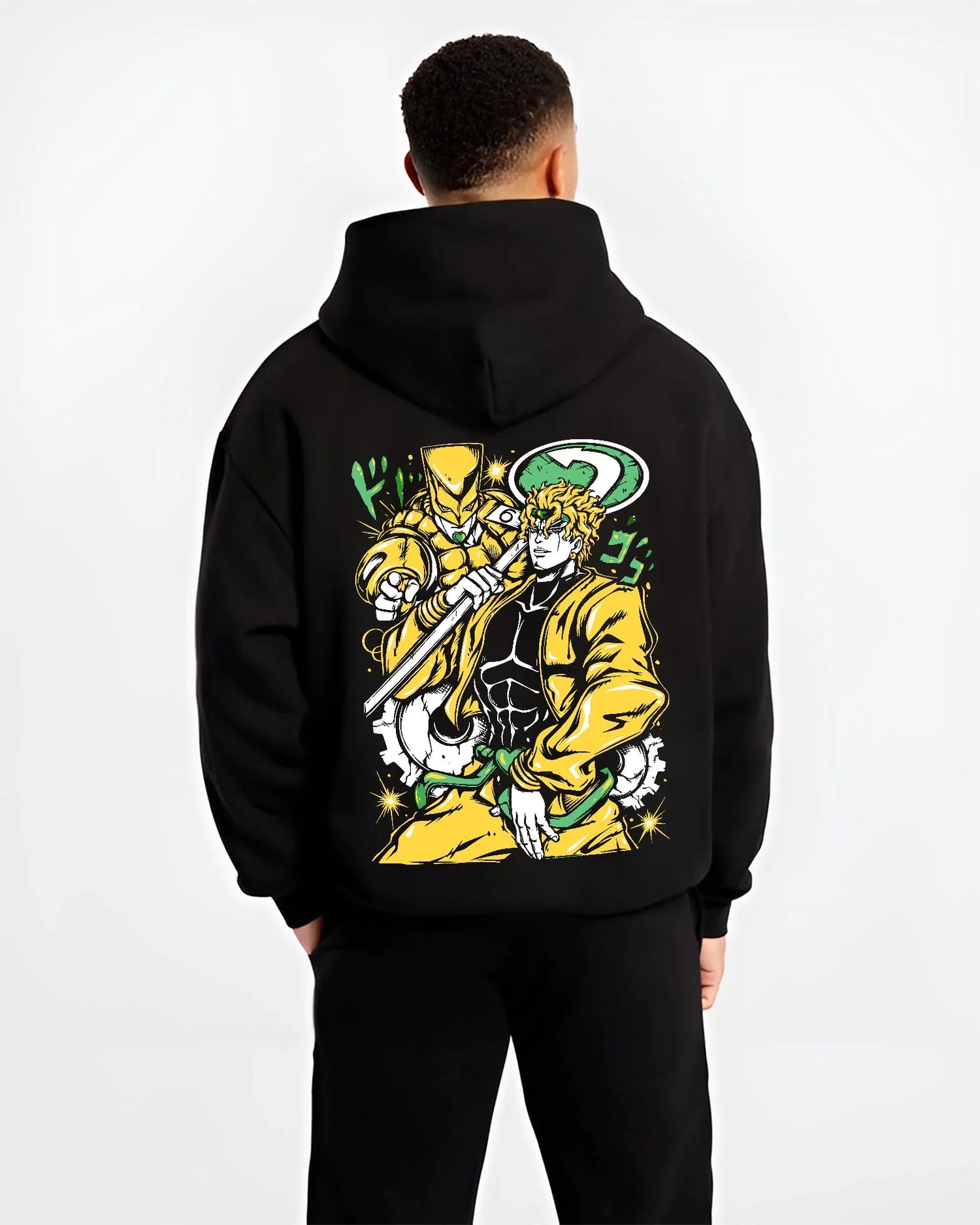 Black hoodie worn by male model, back view with Dio Brando Hoodie JoJo’s Bizarre Adventure Stardust Battle graphic streetwear graphic.