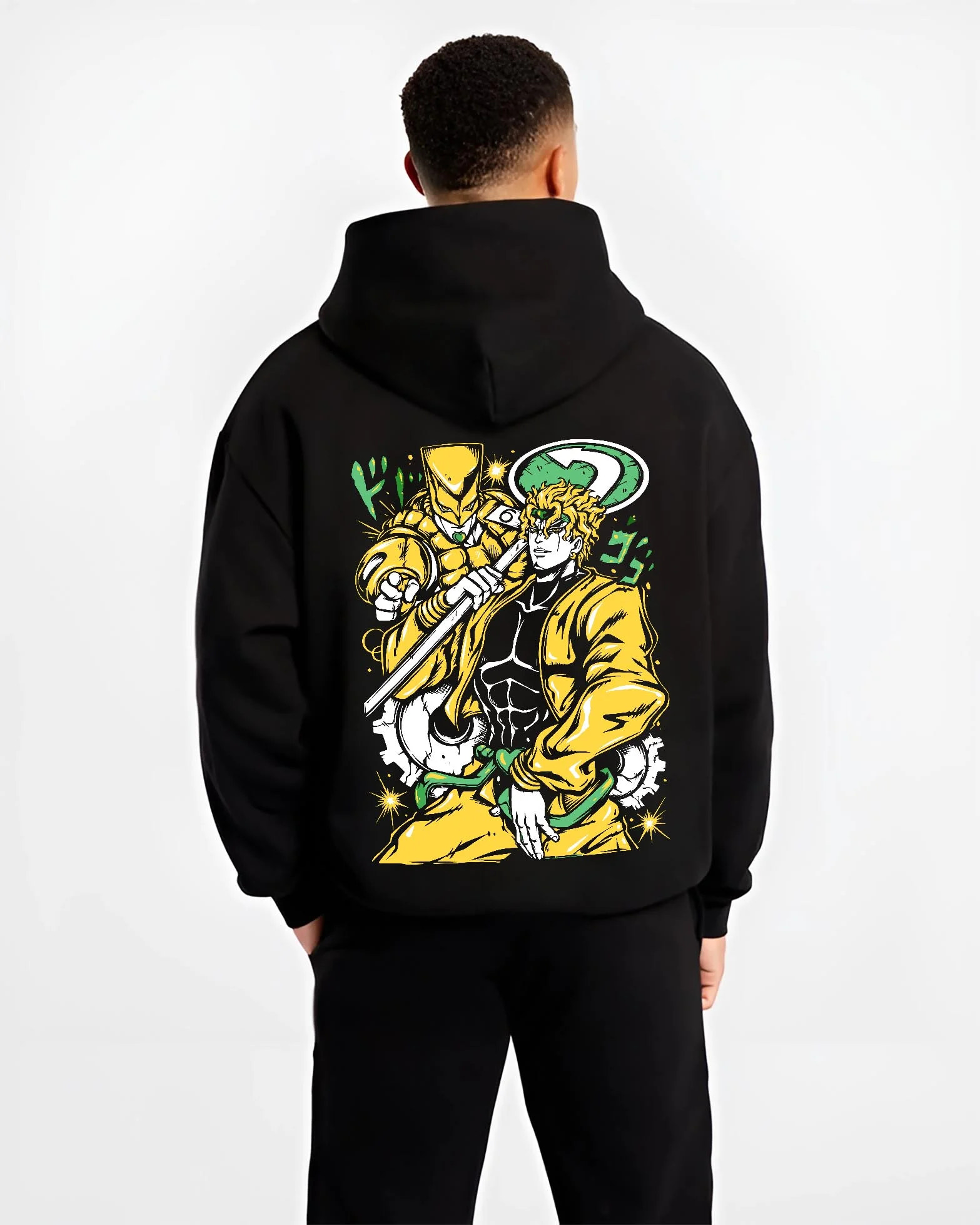 Black hoodie worn by male model, back view with Dio Brando Hoodie JoJo’s Bizarre Adventure Stardust Battle graphic streetwear graphic.