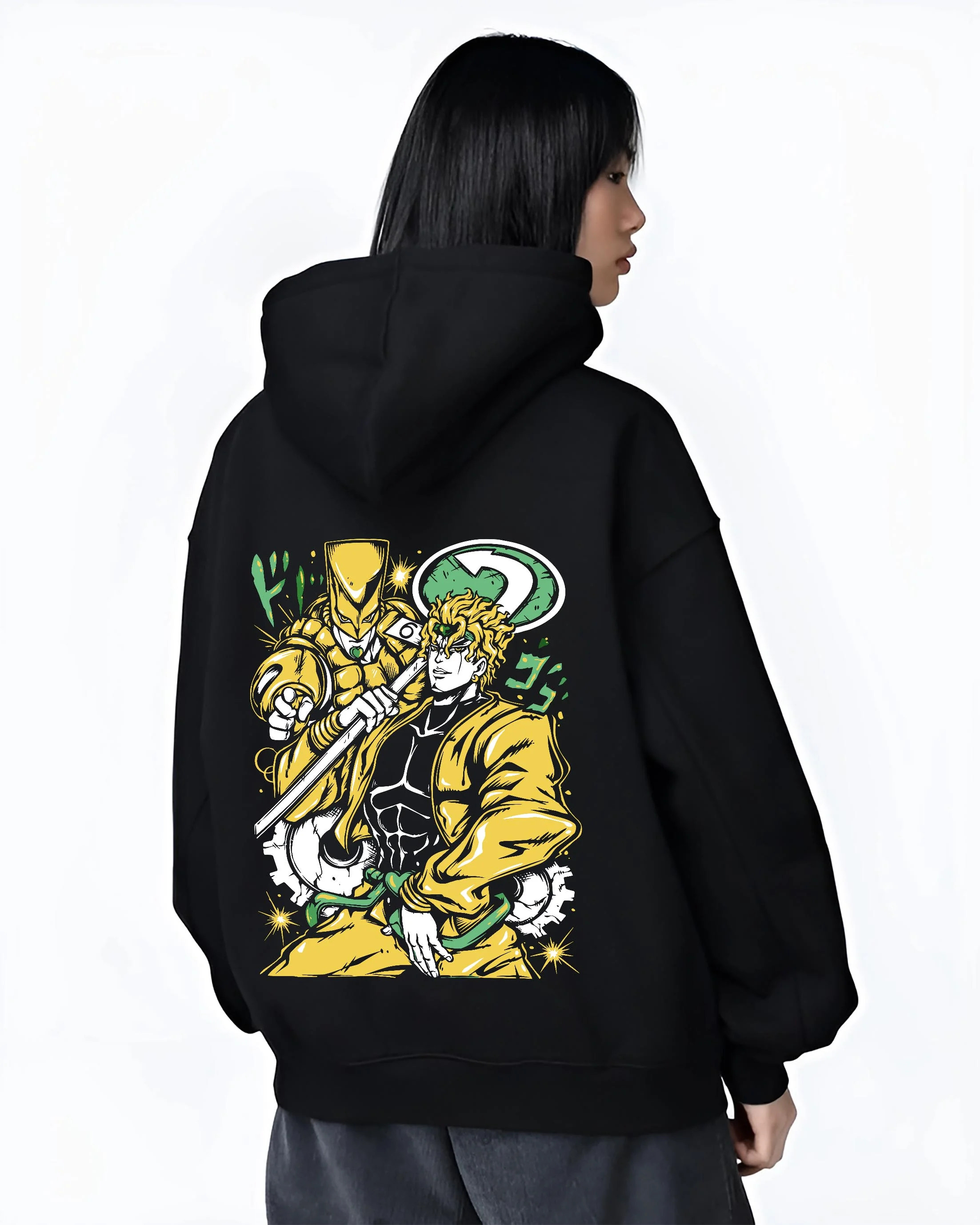 Black hoodie worn by female model, back view with Dio Brando Hoodie JoJo’s Bizarre Adventure Stardust Battle graphic premium wear.