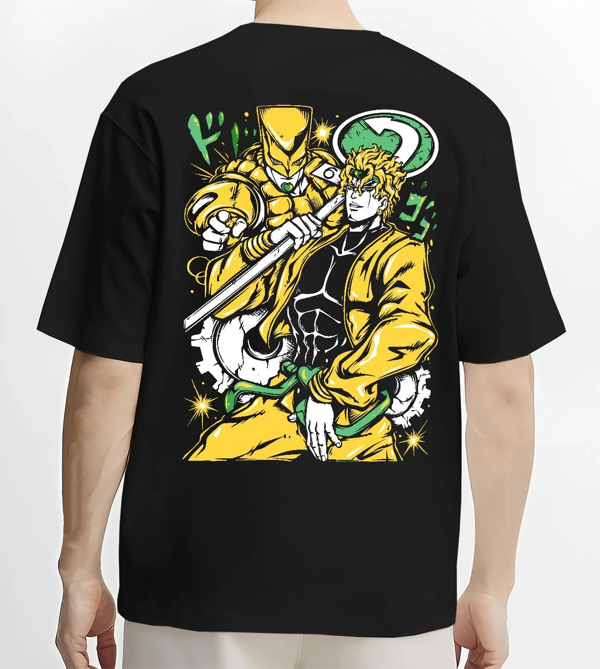 Black T-shirt worn by male model, back view with Dio Brando Hoodie JoJo’s Bizarre Adventure Stardust Battle graphic streetwear graphic.