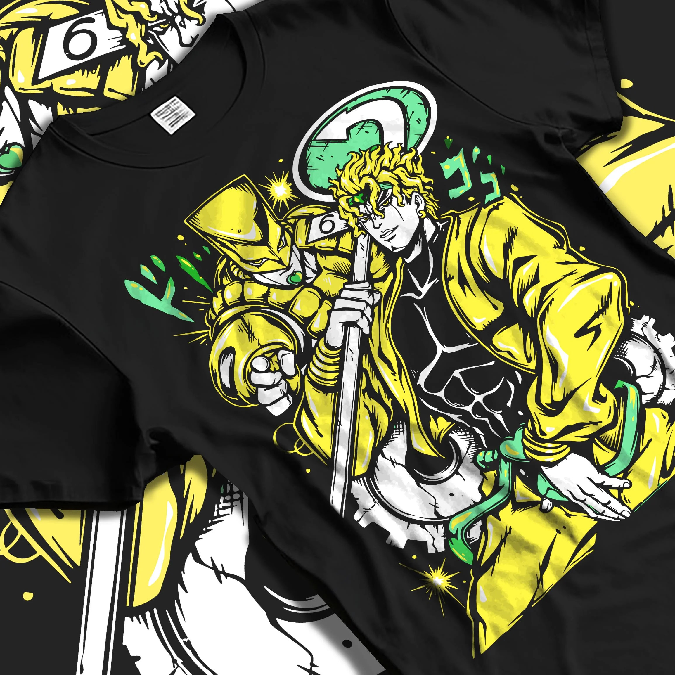 Black T-shirt laid flat with natural folds with Dio Brando Hoodie JoJo’s Bizarre Adventure Stardust Battle graphic premium wear.