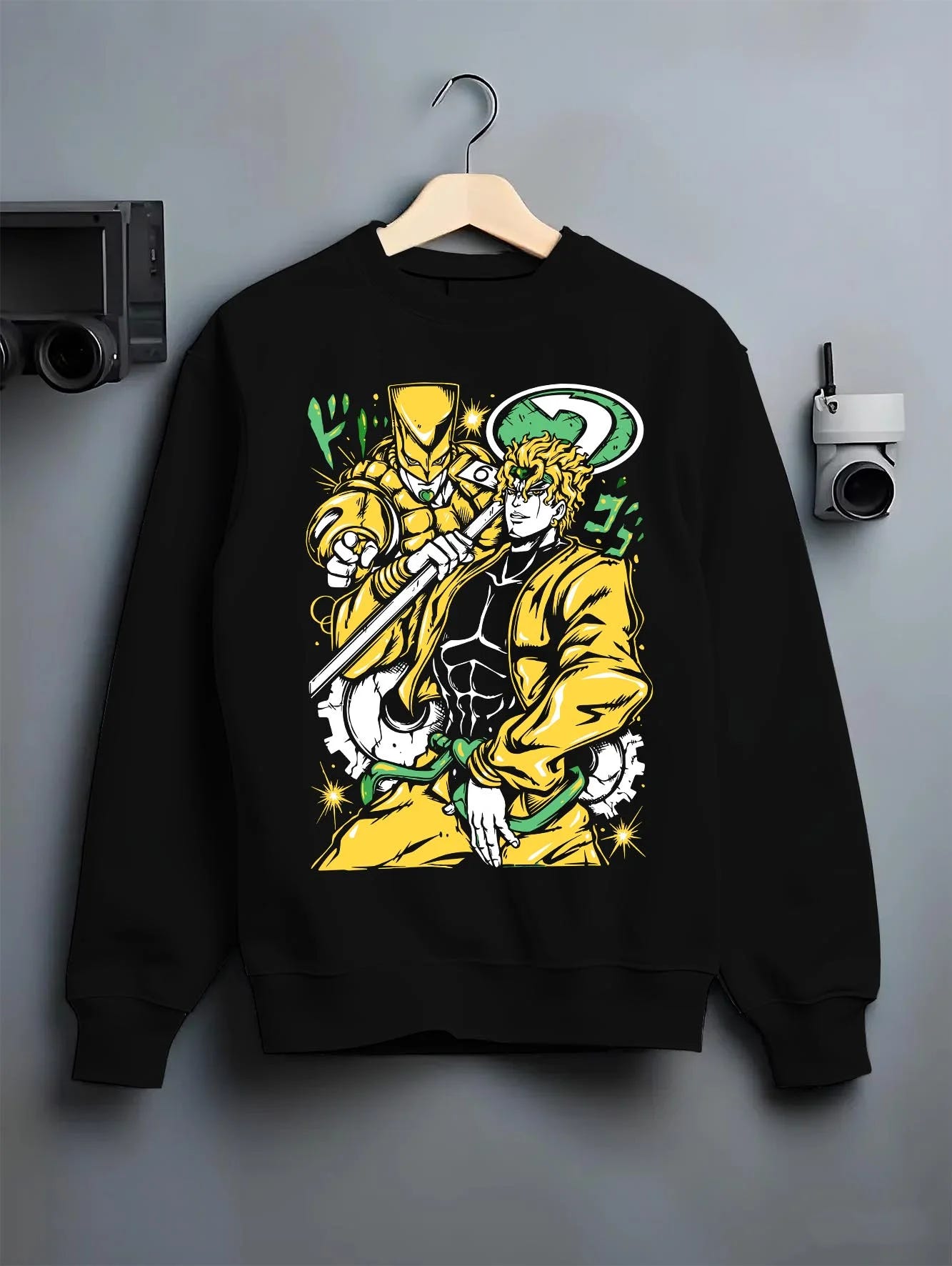 Black crewneck sweatshirt on hanger with Dio Brando Hoodie JoJo’s Bizarre Adventure Stardust Battle graphic streetwear graphic.