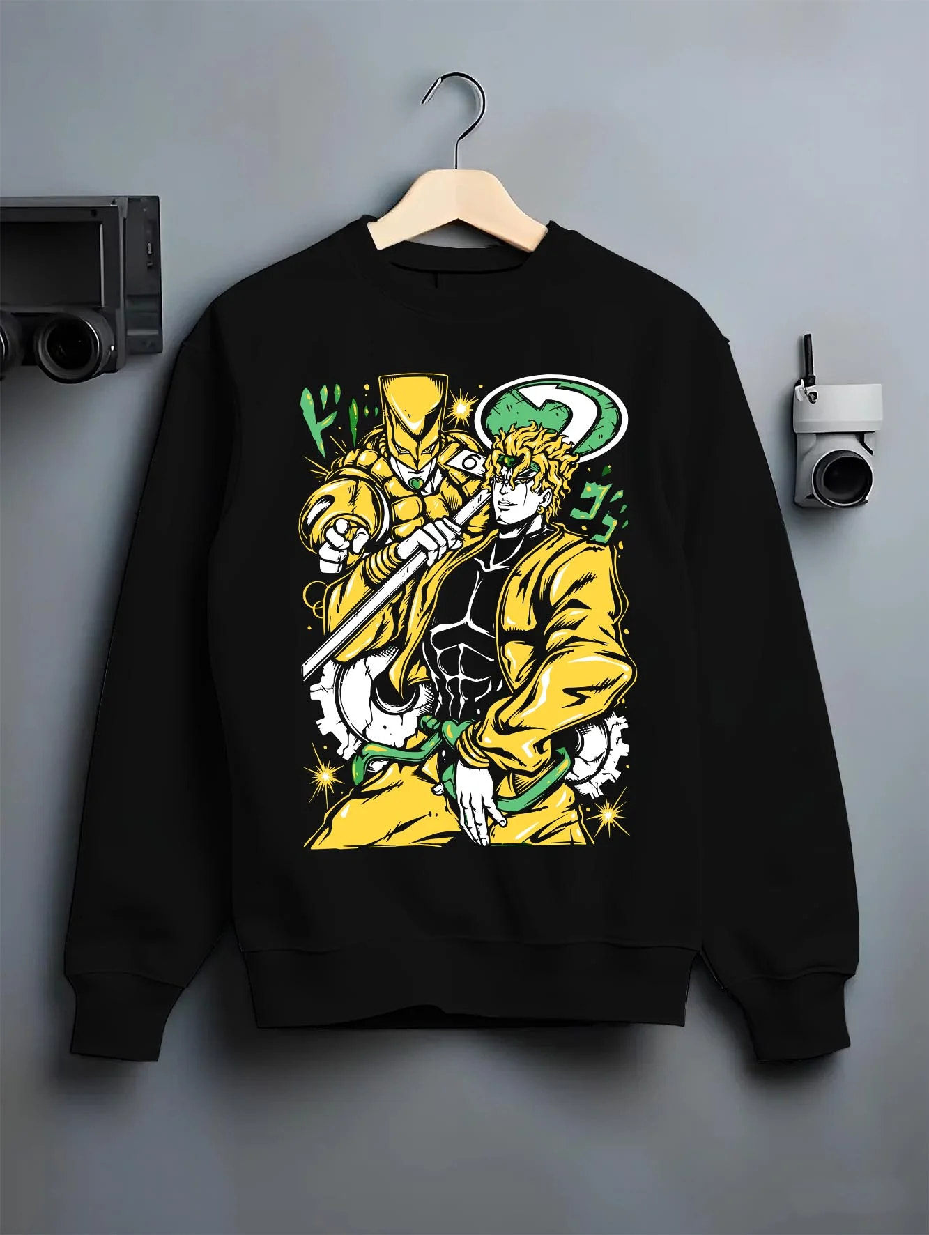 Black crewneck sweatshirt on hanger with Dio Brando Hoodie JoJo’s Bizarre Adventure Stardust Battle graphic streetwear graphic.
