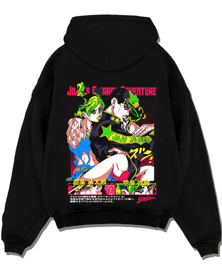 Black pullover hoodie laid flat with Jotaro Kujo Hoodie JoJo’s Bizarre Adventure Stardust Story graphic premium wear.