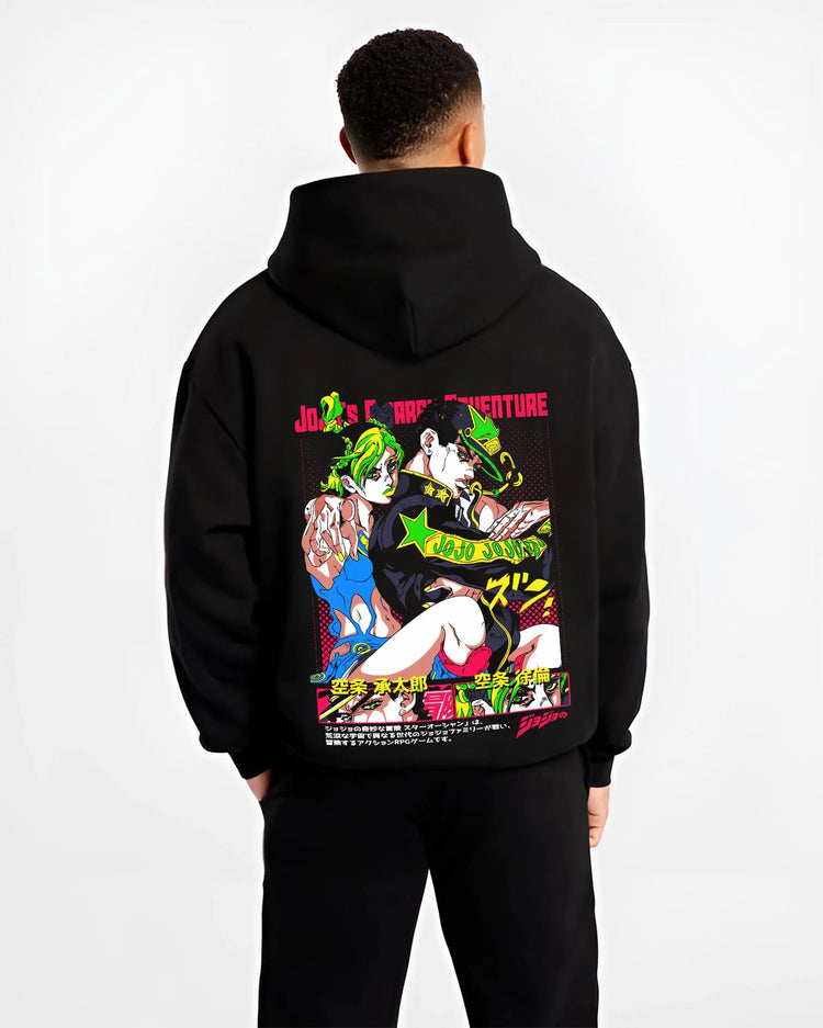 Black hoodie worn by male model, back view with Jotaro Kujo Hoodie JoJo’s Bizarre Adventure Stardust Story graphic streetwear graphic.