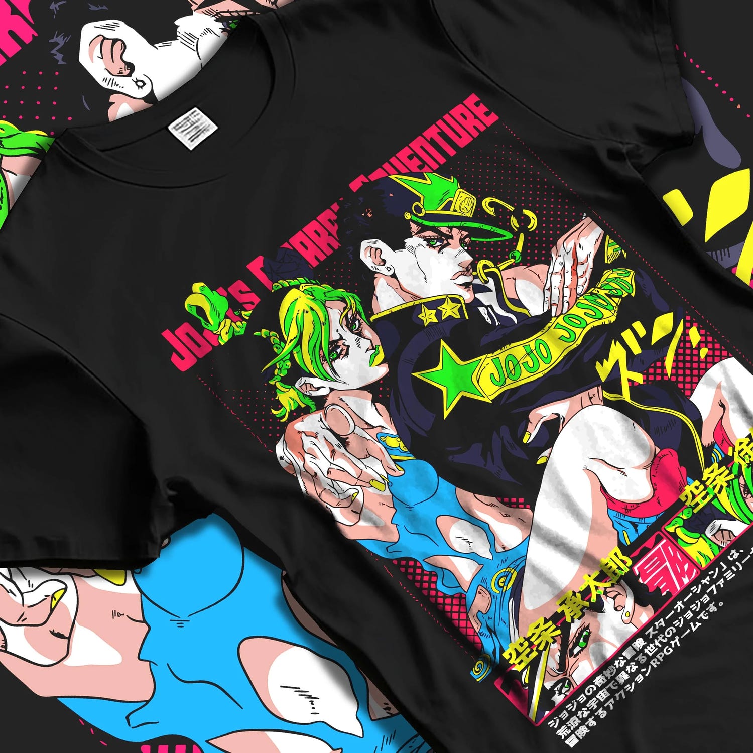 Black T-shirt laid flat with natural folds with Jotaro Kujo Hoodie JoJo’s Bizarre Adventure Stardust Story graphic premium wear.