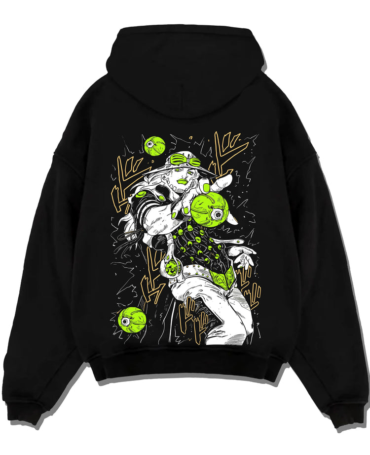 Black pullover hoodie laid flat with Jolyne Cujoh Hoodie JoJo’s Bizarre Adventure Stone Ocean graphic bold anime graphic.