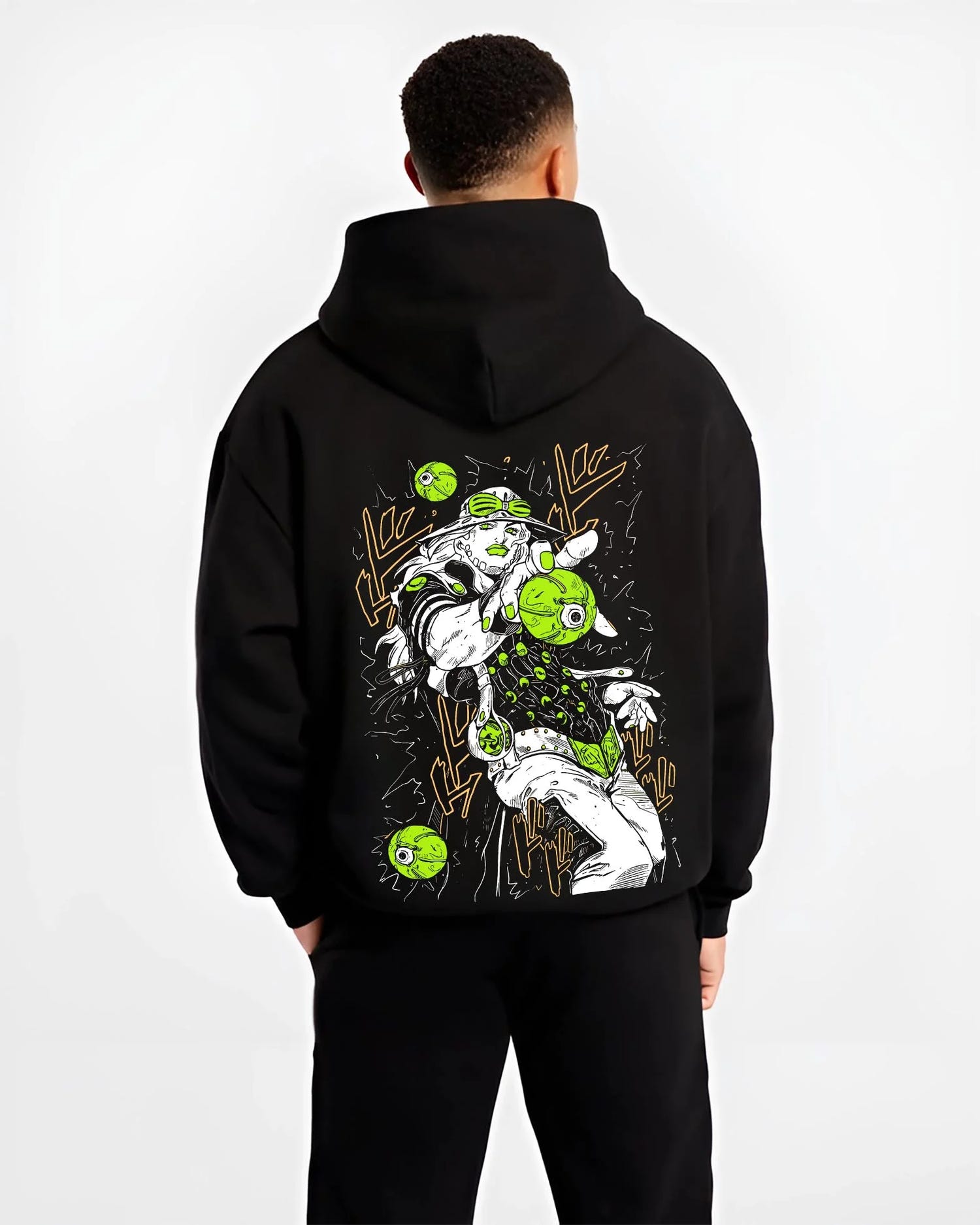 Black hoodie worn by male model, back view with Jolyne Cujoh Hoodie JoJo’s Bizarre Adventure Stone Ocean graphic streetwear graphic.