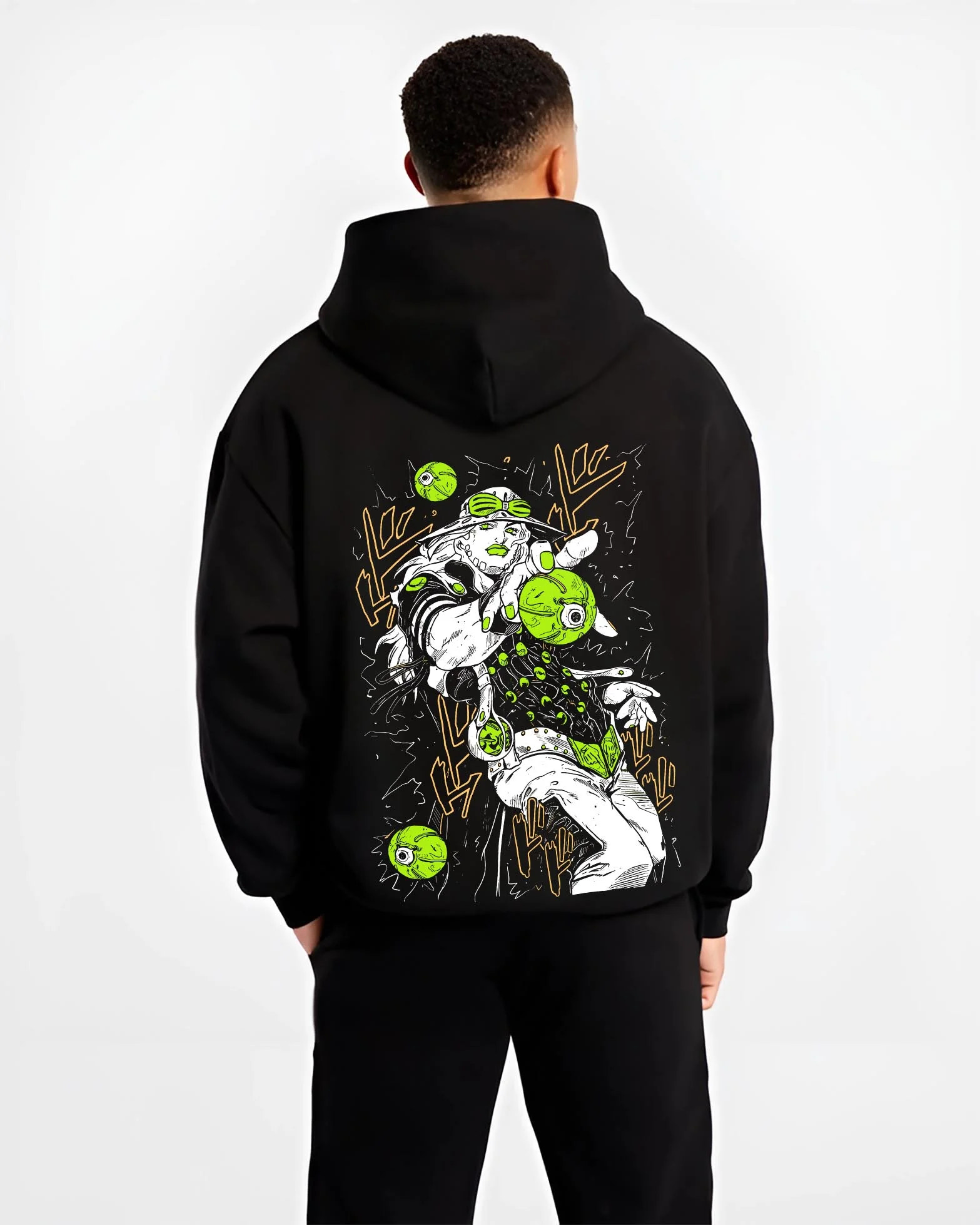 Black hoodie worn by male model, back view with Jolyne Cujoh Hoodie JoJo’s Bizarre Adventure Stone Ocean graphic streetwear graphic.