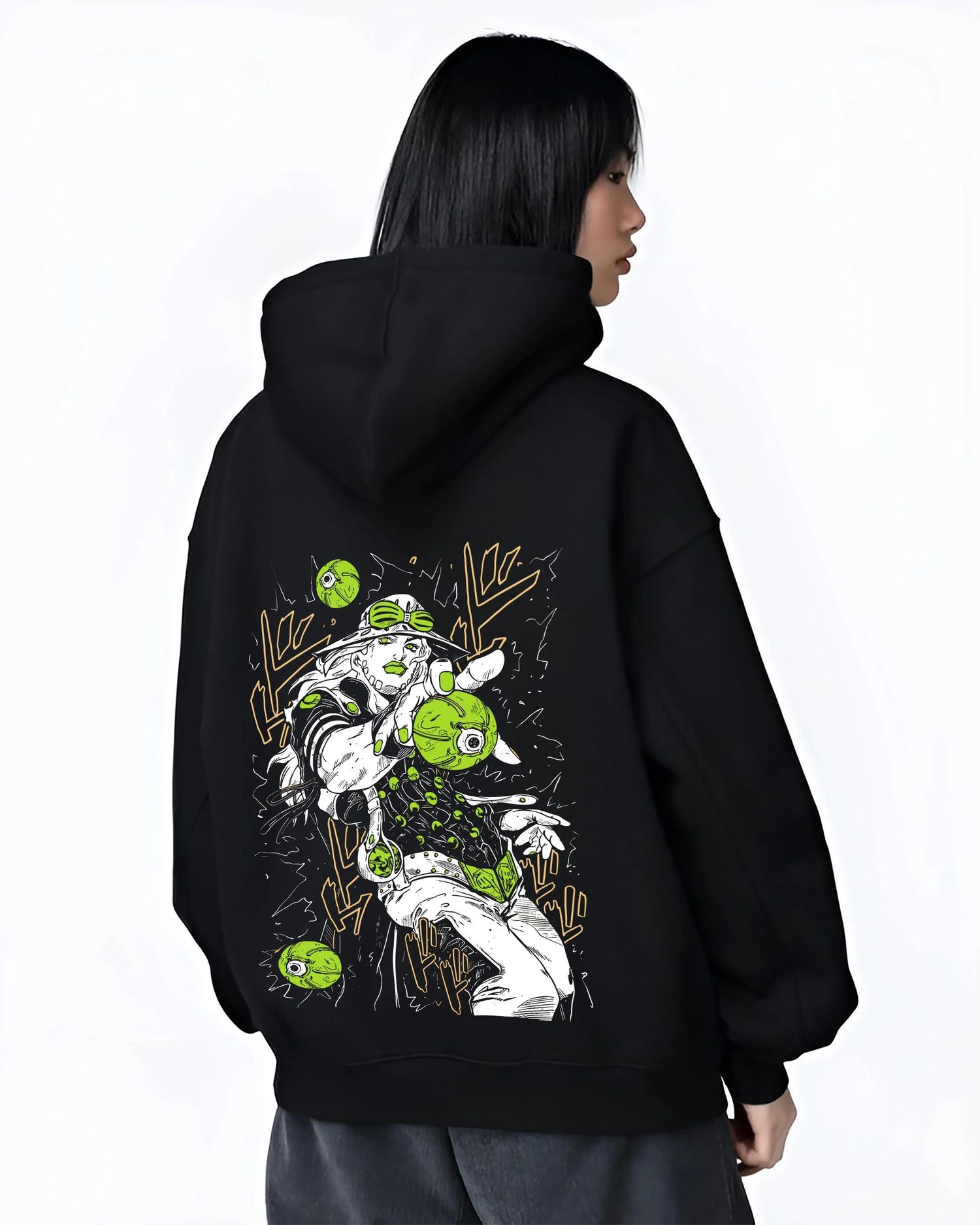 Black hoodie worn by female model, back view with Jolyne Cujoh Hoodie JoJo’s Bizarre Adventure Stone Ocean graphic premium wear.
