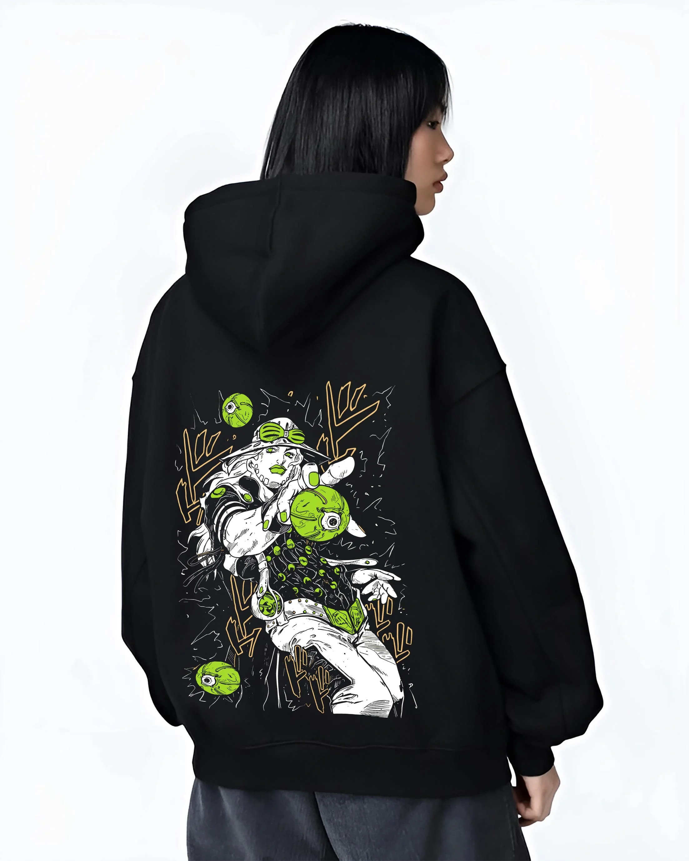 Black hoodie worn by female model, back view with Jolyne Cujoh Hoodie JoJo’s Bizarre Adventure Stone Ocean graphic premium wear.