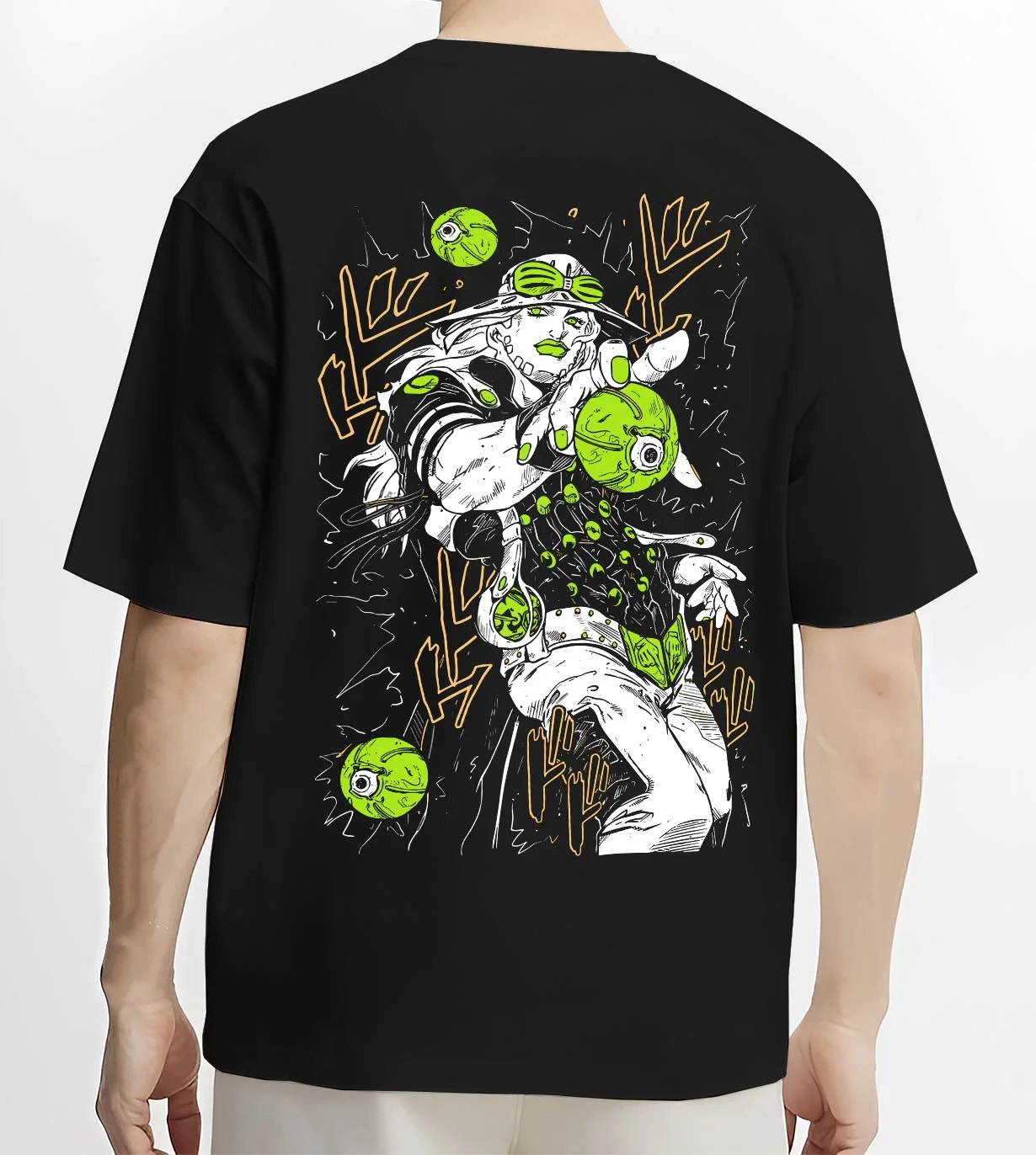 Black T-shirt worn by male model, back view with Jolyne Cujoh Hoodie JoJo’s Bizarre Adventure Stone Ocean graphic streetwear graphic.