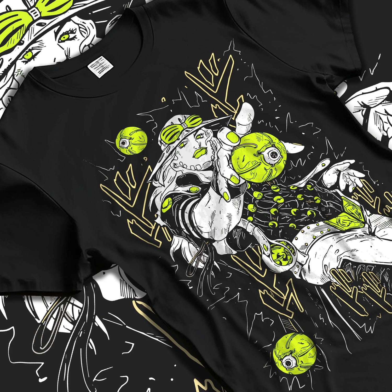 Black T-shirt laid flat with natural folds with Jolyne Cujoh Hoodie JoJo’s Bizarre Adventure Stone Ocean graphic premium wear.